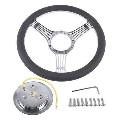 14" 9 Holes Banjo Style Steering Wheel Kit Black Leather Half Warp Chrome for GM