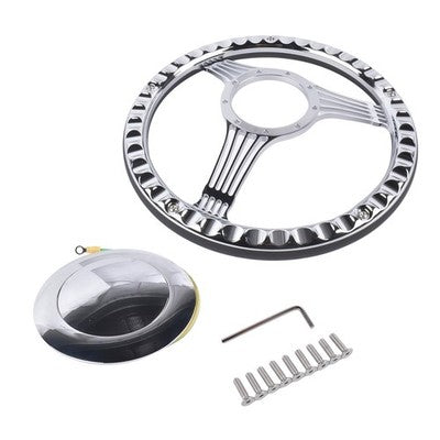 14" 9 Holes Banjo Style Steering Wheel Kit Black Leather Half Warp Chrome for GM