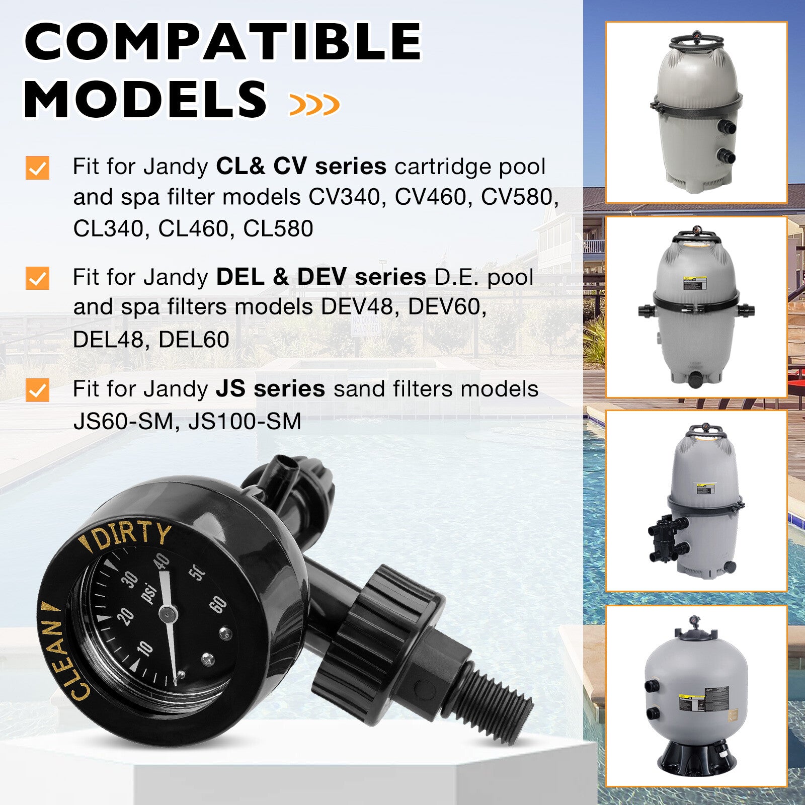 Air Pressure Gauge Release Valve 0-60PSI for Jandy CL CV DEL DEV JS Series