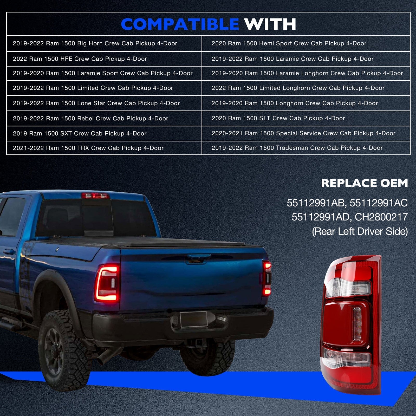 LED Reverse Brake Turn Signal Tail Lights for Dodge Ram 1500 2019 2024 2X
