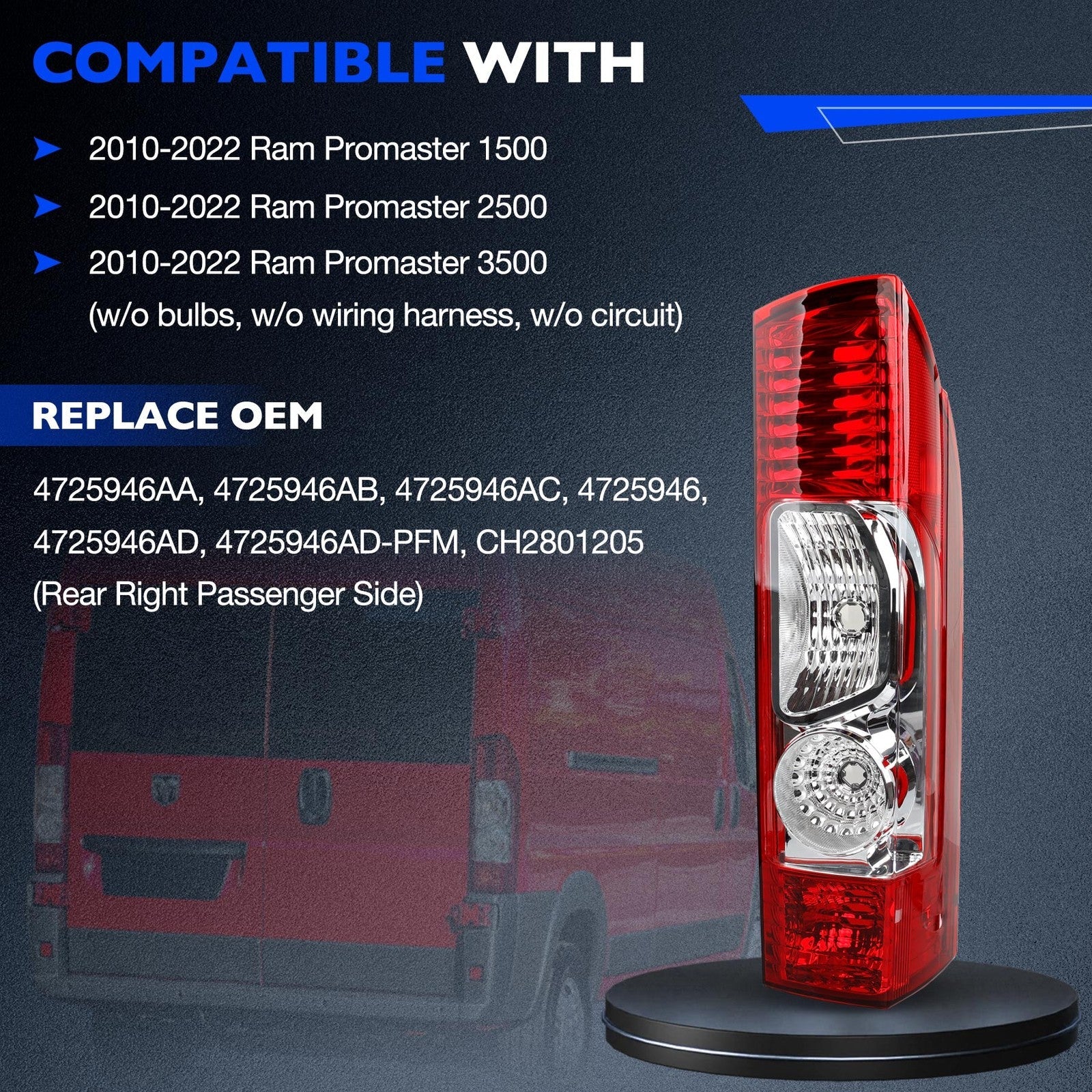 Rear Tail Light Assembly Right Passenger Side For Ram Promaster 1500 2500 10 24