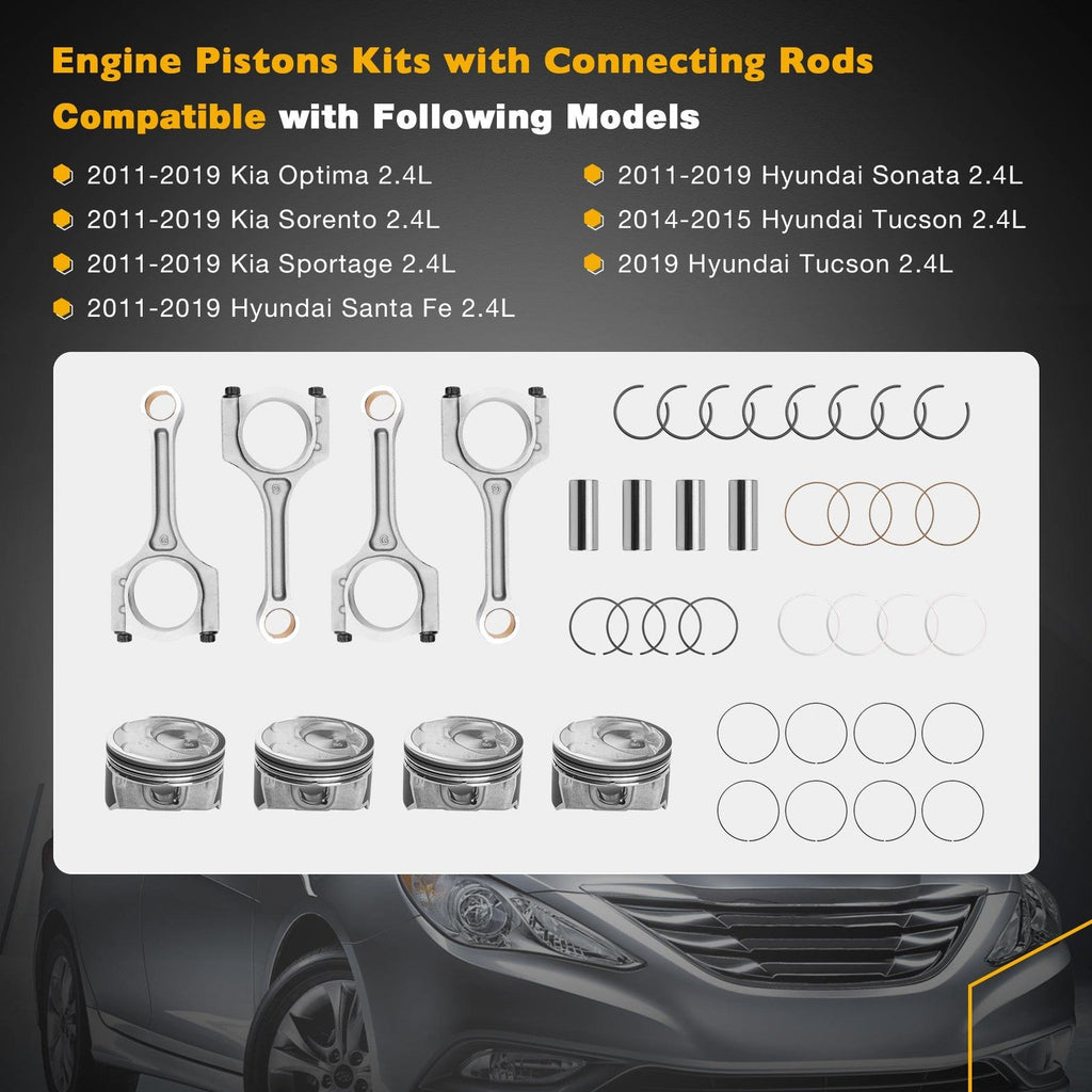 2.4 Engine Piston Kit w/ Connecting Rod Set for Hyundai Sonata Kia Optim Sorento