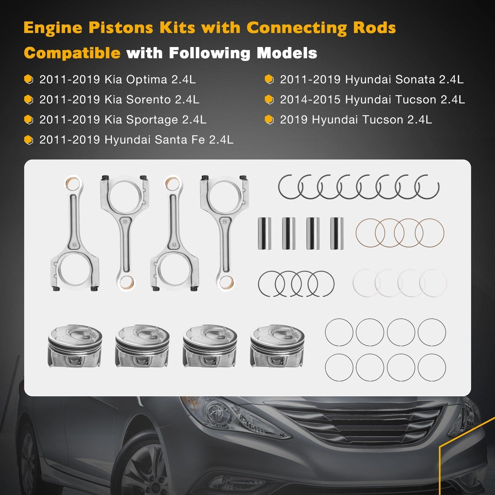 2.4 Engine Piston Kit w/ Connecting Rod Set for Hyundai Sonata Kia Optim Sorento