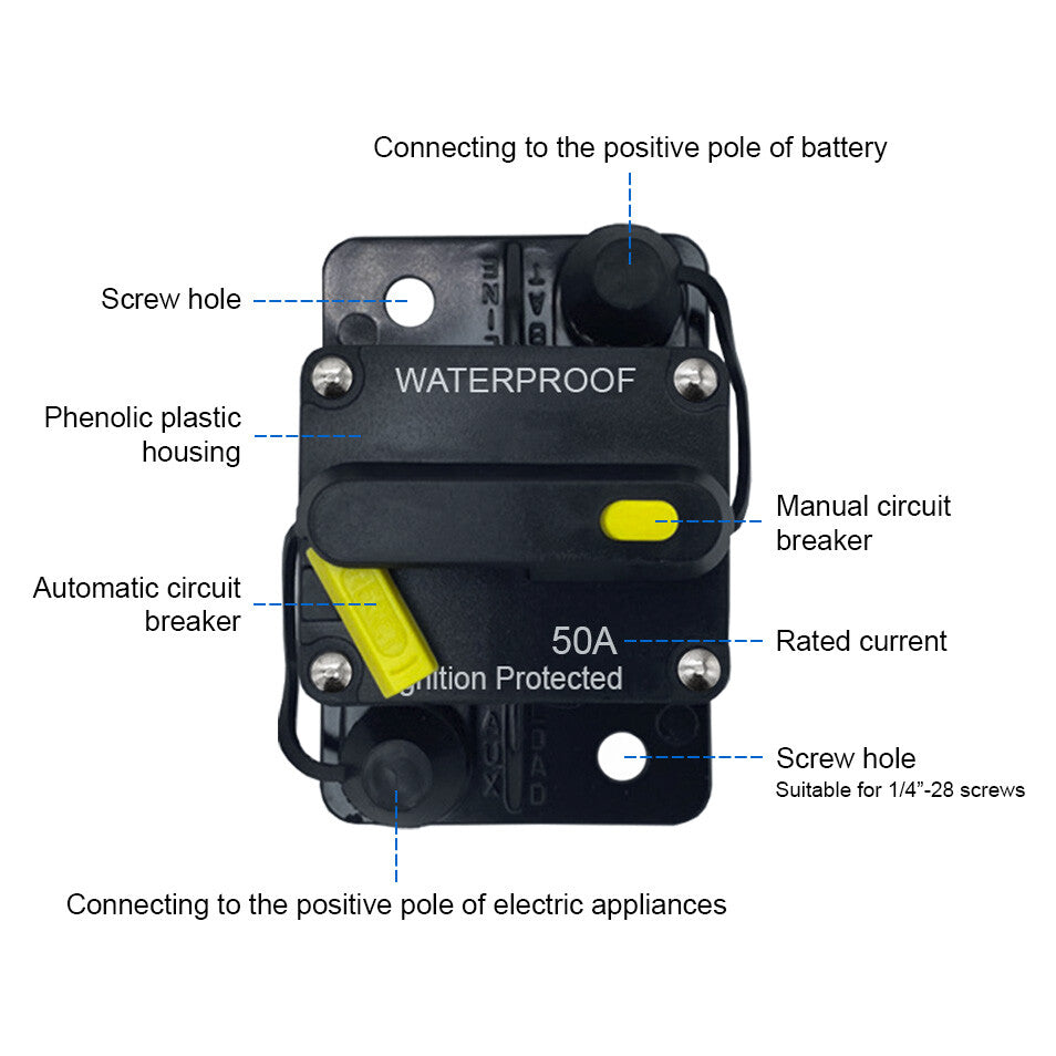 Circuit Breaker 50 Amp Waterproof Reset for Auto Trailer Truck RV Marine Audio