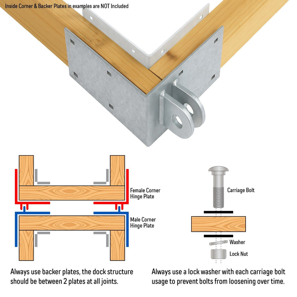 Floating Dock Outside Corner Hinge Plate Male Female Set Galvanized Steel