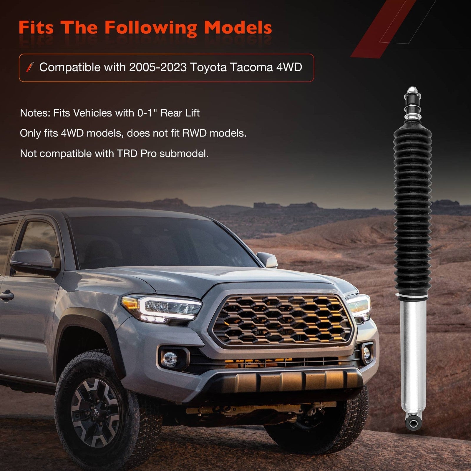 Rear Monotube Shock for Toyota Tacoma 4WD 2005 to 2015 with 0 to 1 Inch Lift