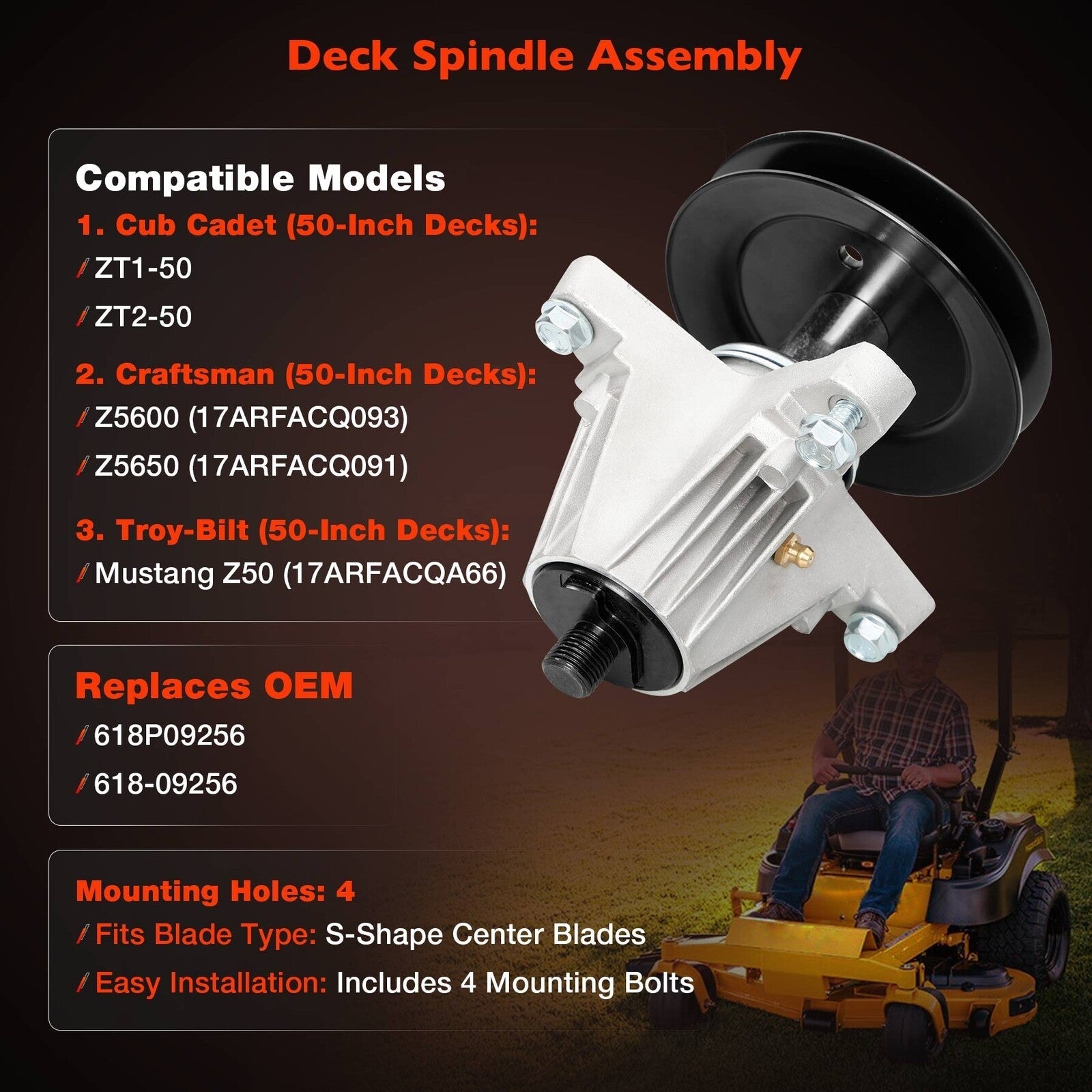 618P09256 50 Inch Mower Deck Spindle For Cub Cadet ZT1 ZT2 Craftsman Troy Bilt