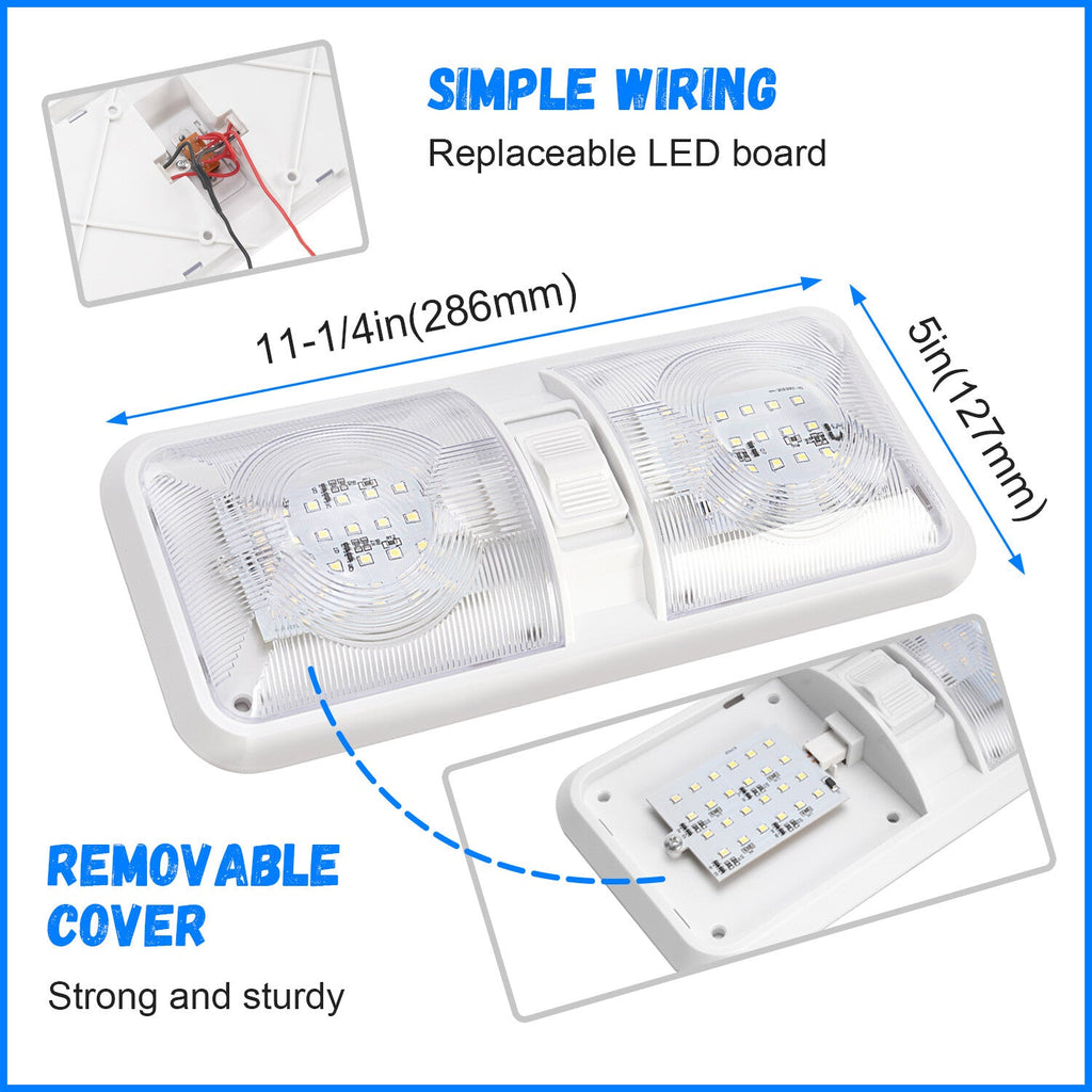 2PCS 12V LED White Ceiling Fixture Double Dome Light for Camper Trailer RV