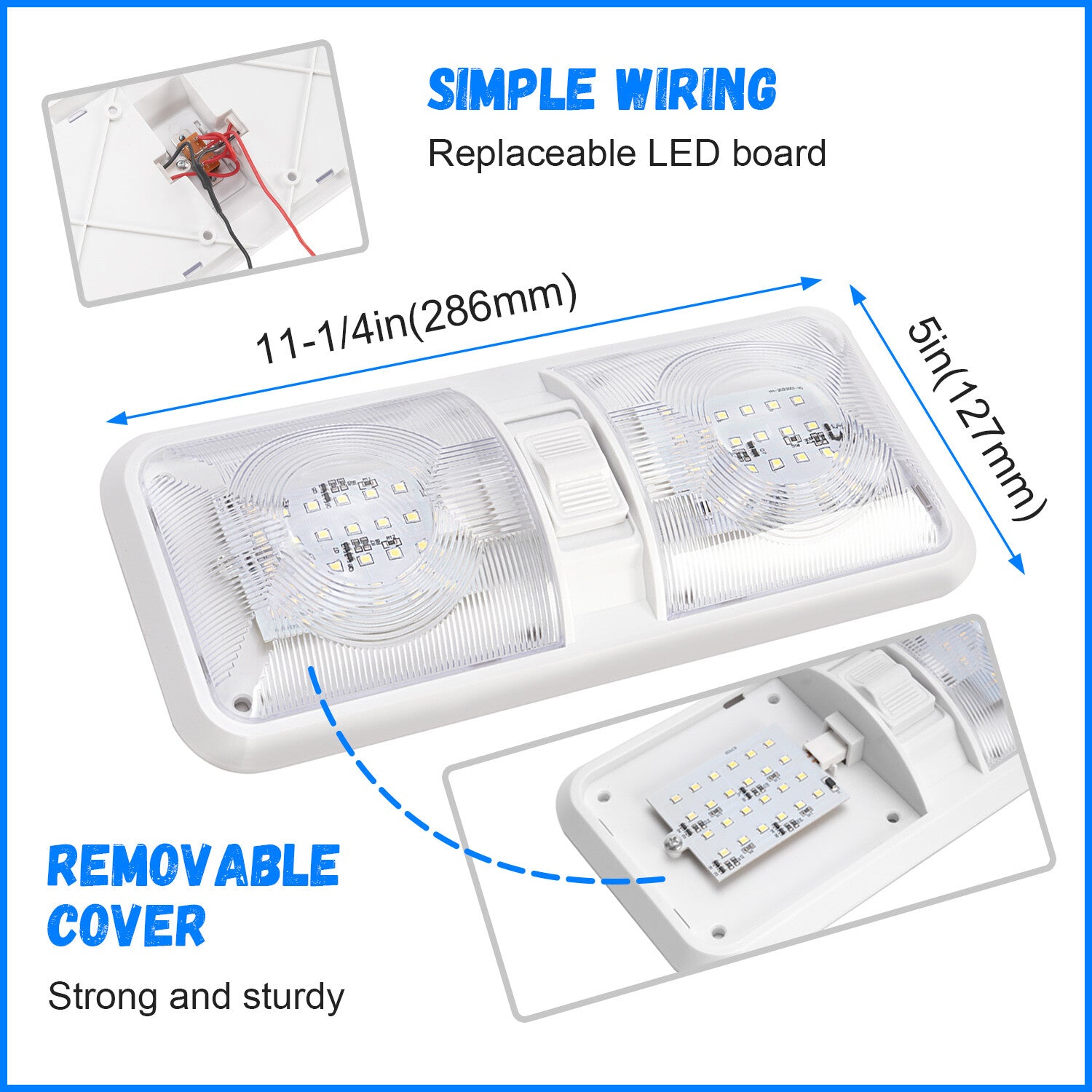 2PCS 12V LED White Ceiling Fixture Double Dome Light for Camper Trailer RV