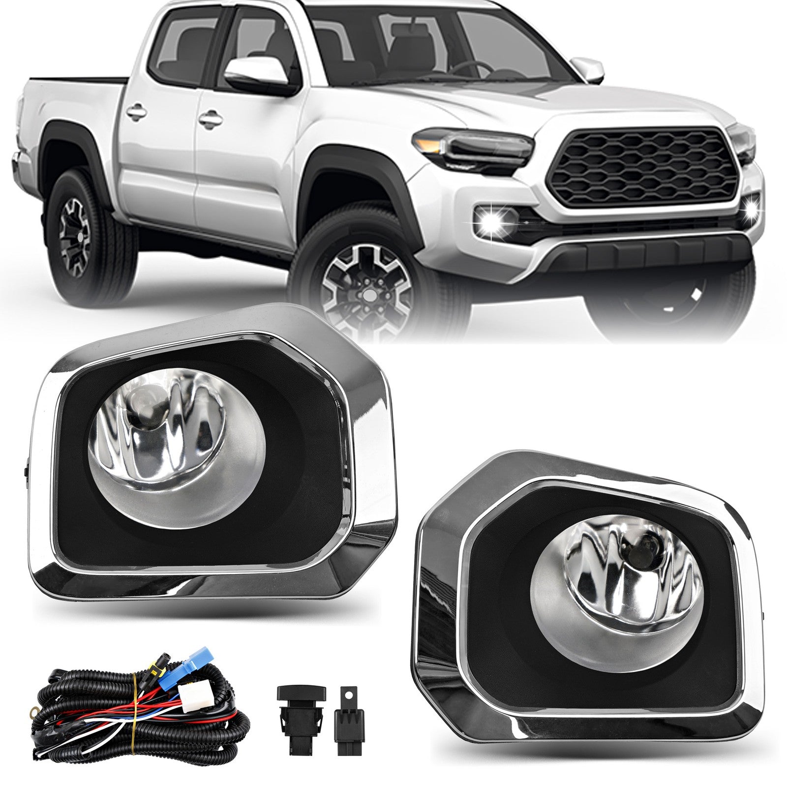 Front Bumper Fog Light Kit With Chrome Trim Bezel For Toyota Tacoma 2016-2023