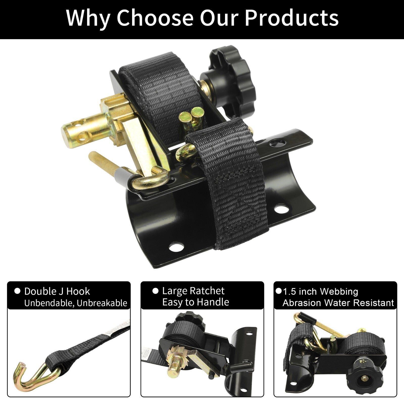 Ladder Rack Ratchet Straps w J Hook 1.5x7.5 Black Retractable 4x