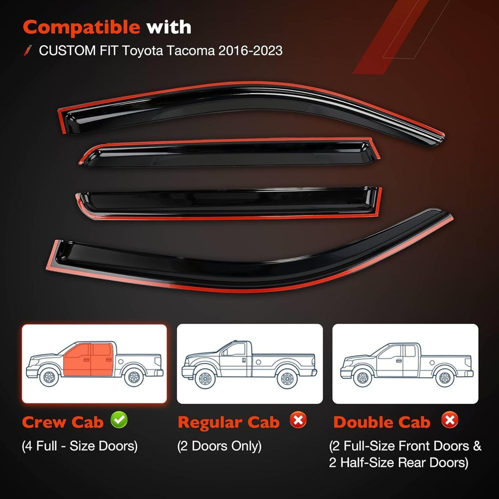Side Window Visor Rain Guards Deflectors for Toyota Tacoma 2016 2023 Black 4 Pcs