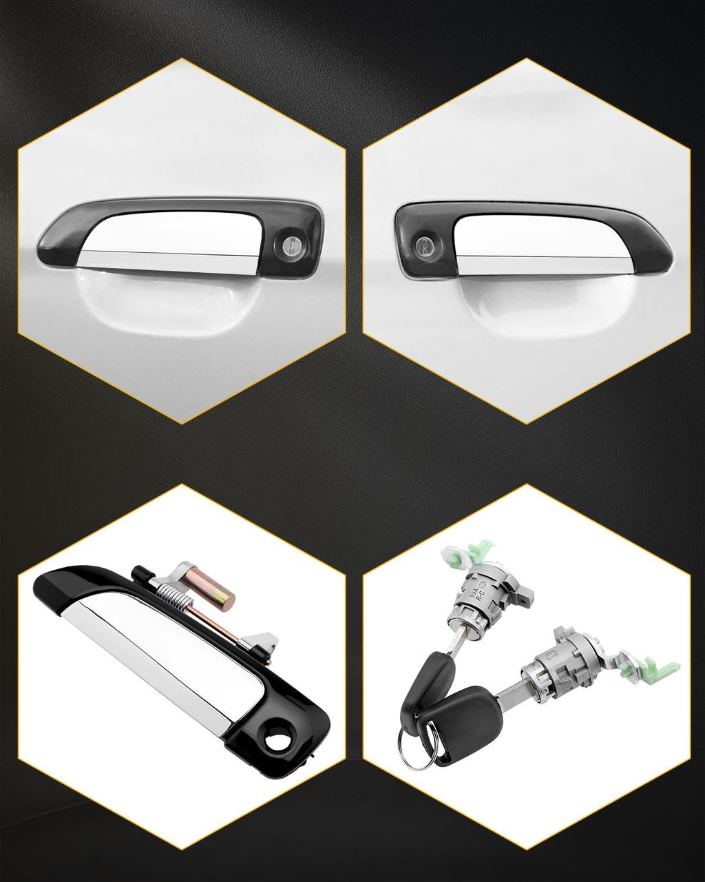 Front Rear Door Handles with Lock Cylinder and Key for Honda Civic 01-05 4 Piece