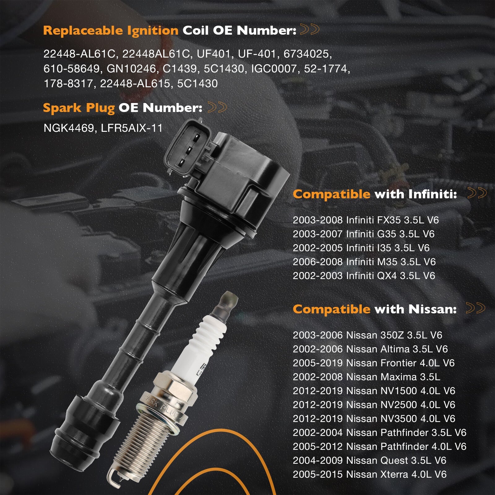 UF401 Ignition Coil Spark Plug Pack for Nissan Altima Maxima Infiniti G35 6X