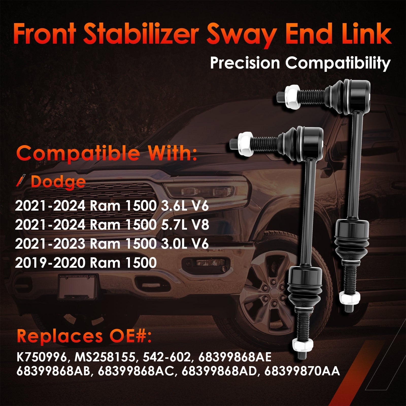 K750996 Front Sway Bar Stabilizer Link Kit For Dodge Ram 1500 2019 To 2024 2Pcs