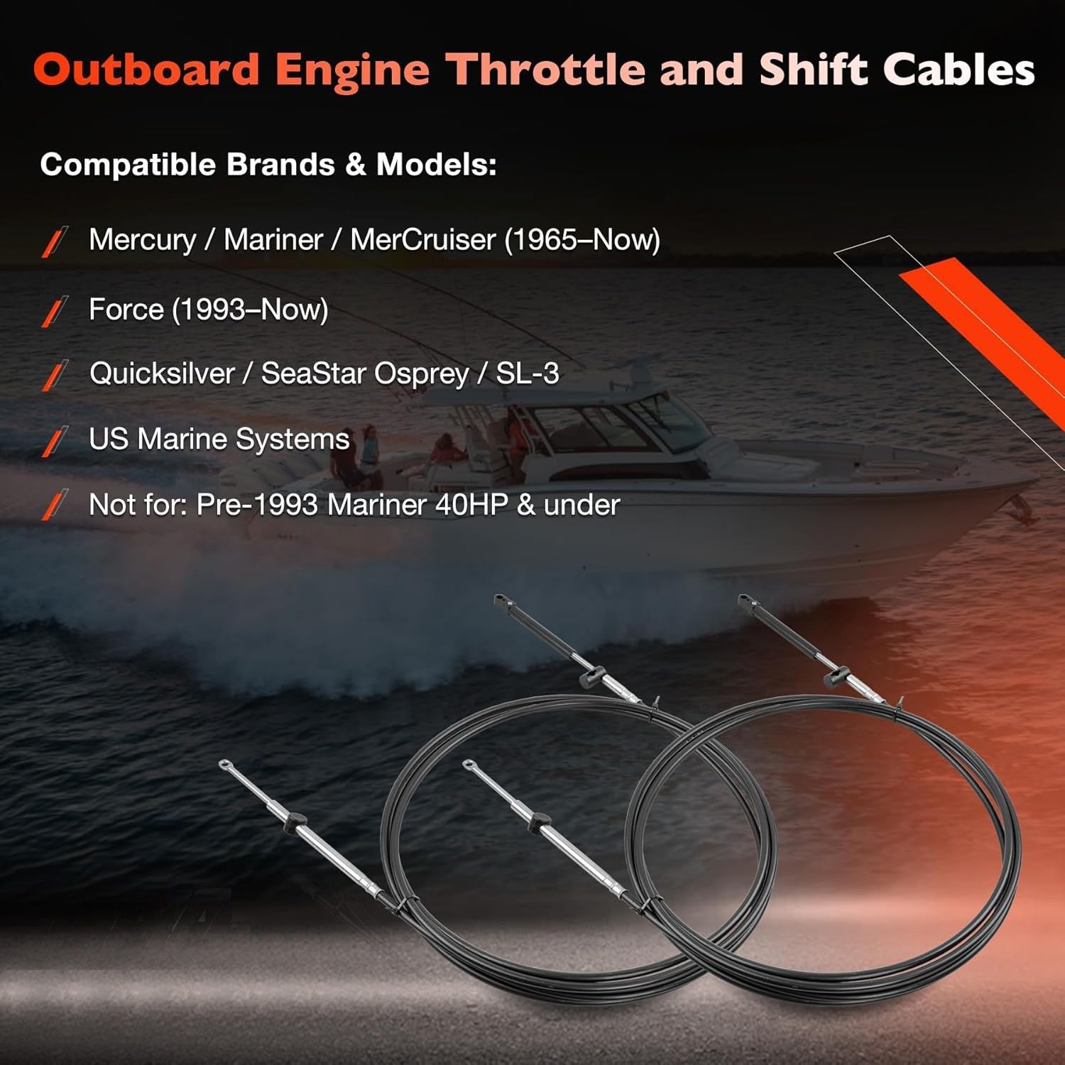 Outboard Throttle Shift Control Cables Gen 1 19ft for Mercury MerCruiser 2 Pack