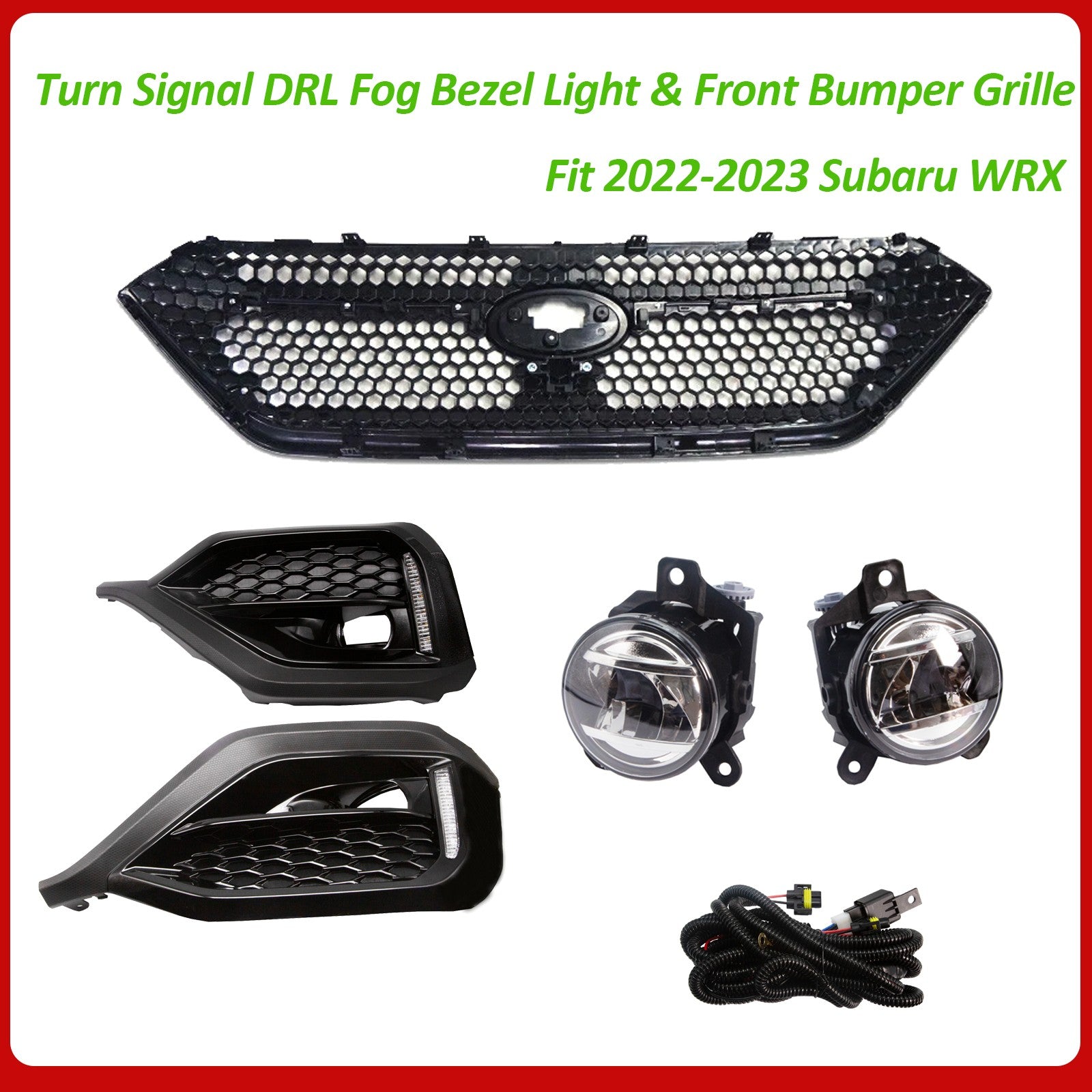 LED Turn Signal DRL Fog Bezel Light Front Bumper Grille For 2022 2023 Subaru WRX