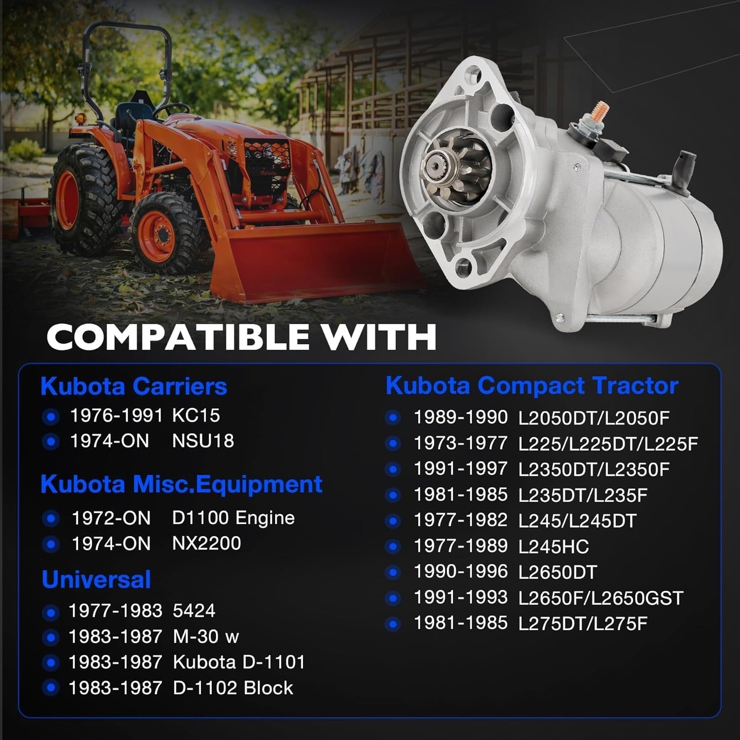 410-52302 Starter Motor 12V 1KW for Kubota L2050 L225 L2350 L235 Compact Tractor