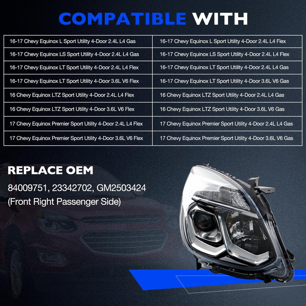 Halogen Chrome Headlight Assy Front Right Passenger Side for Chevy Equinox 16 17