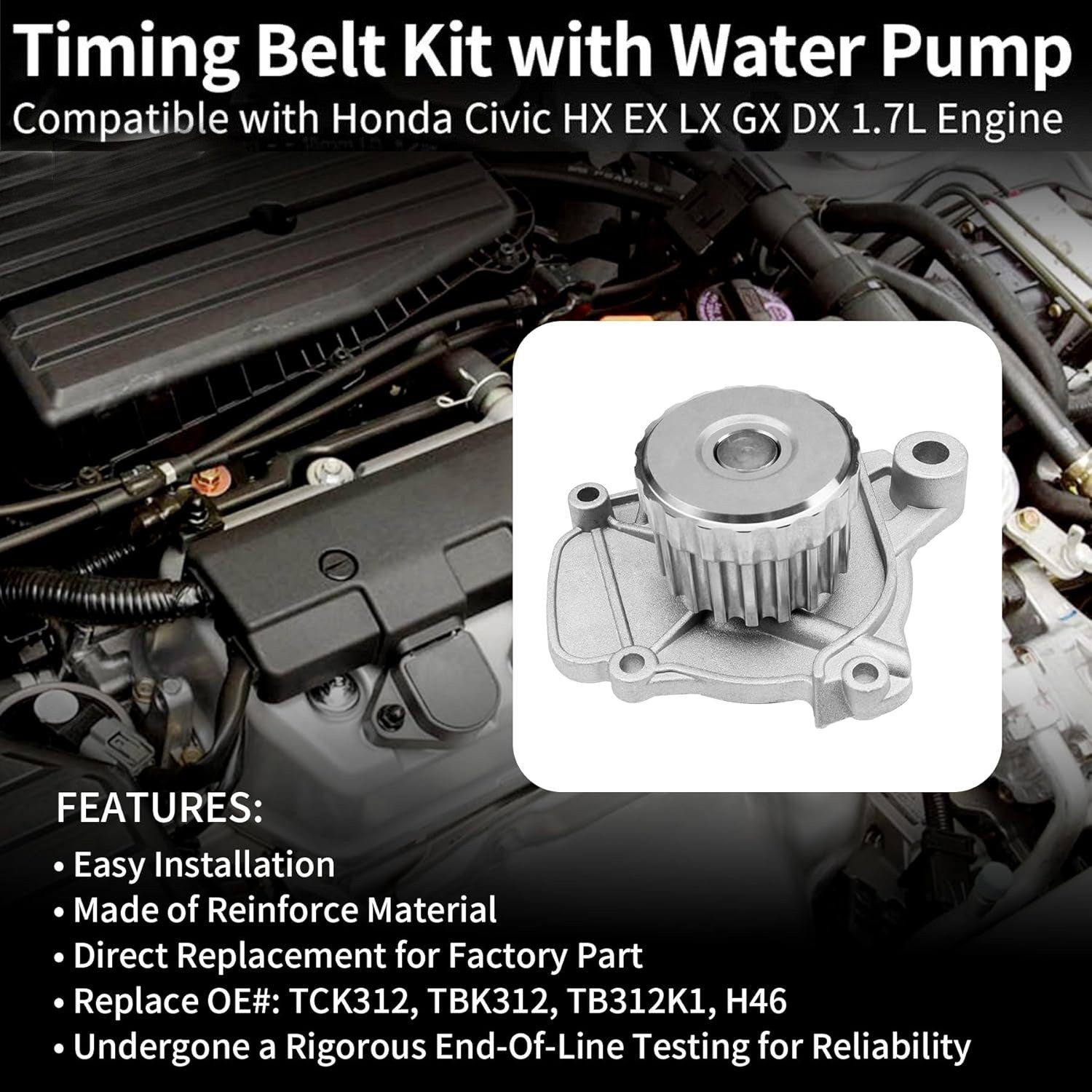 TBK312 Engine Timing Belt Kit Water Pump for Honda 1.7L Civic DX 01 05 TCK312