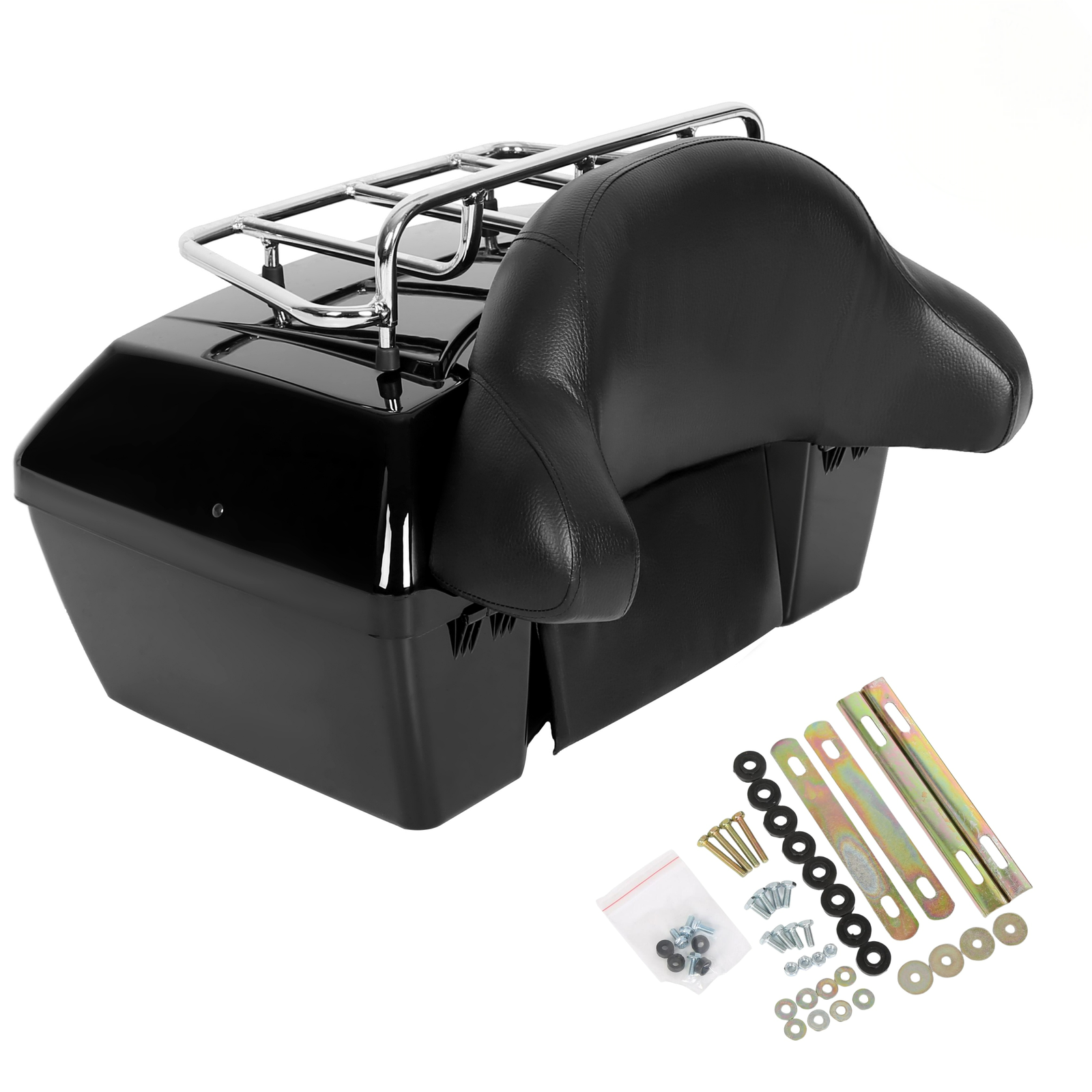 Universal Motorcycle Tail Box Luggage Trunk w/ Top Rack For Harley Honda Cruiser