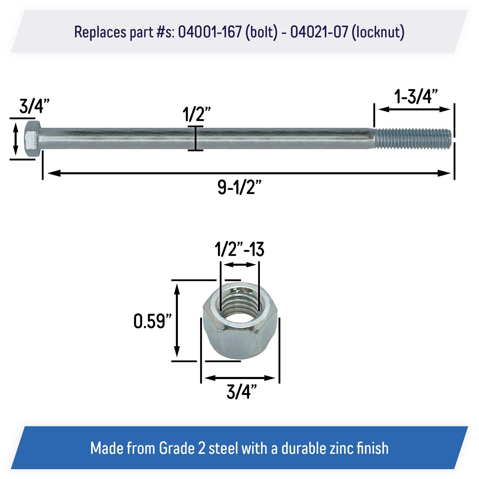 04001-167 Wheel Axle Bolt Set 1/2-13 x 9-1/2 for SCAG Turf Tiger Cubs