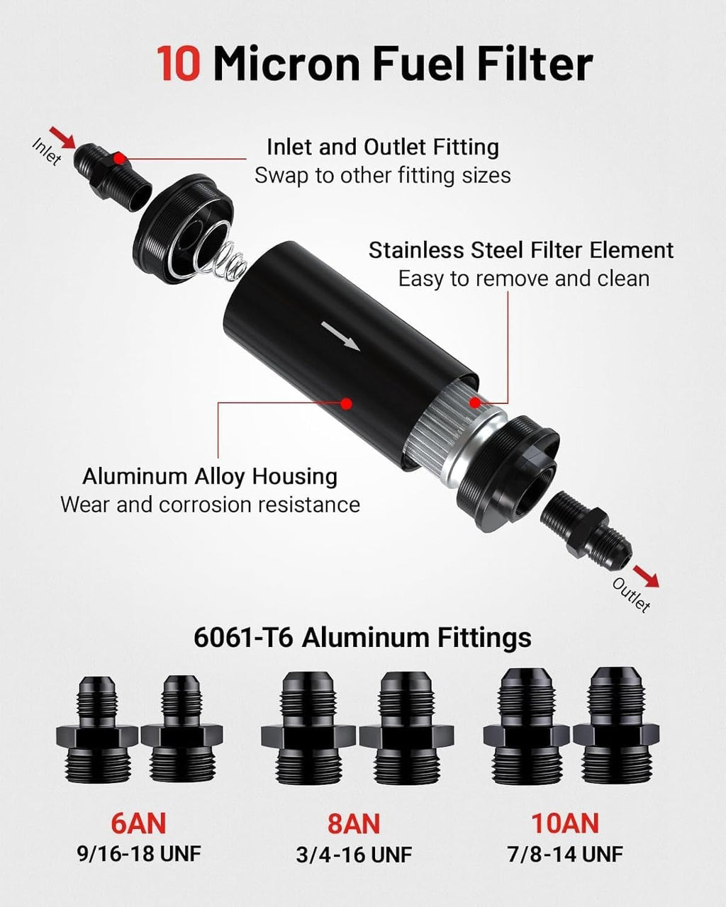 10 Micron Inline Fuel Filter with 6AN 8AN 10AN Adapters and Bracket Clamp