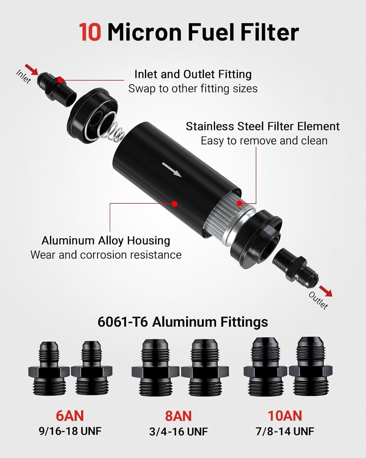10 Micron Inline Fuel Filter with 6AN 8AN 10AN Adapters and Bracket Clamp