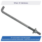 5 8 Inch 12 Inch Galvanized Threaded Anchor Bolts for Wood Concrete 10 Pack