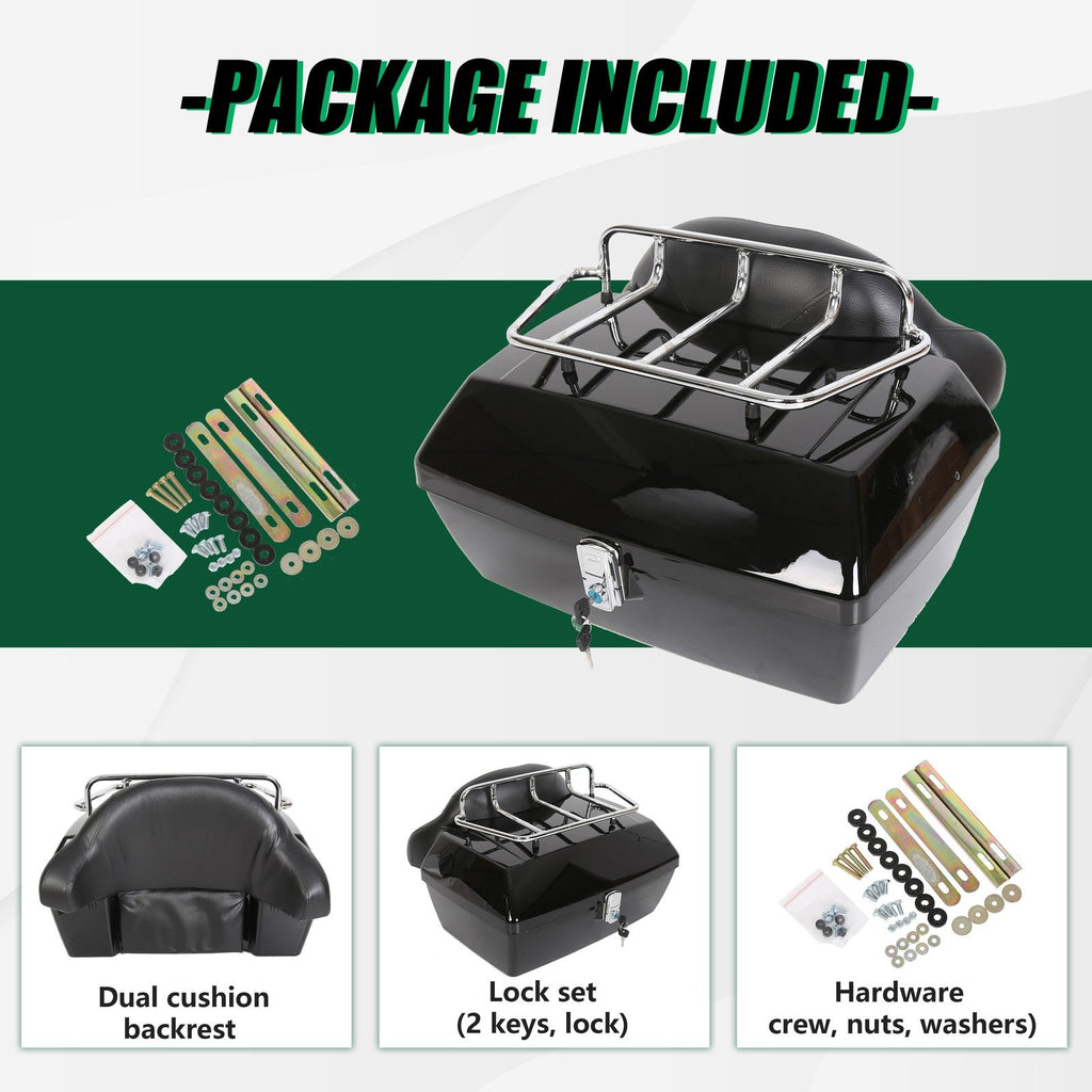 Universal Motorcycle Tail Box Luggage Trunk w/ Top Rack For Harley Honda Cruiser