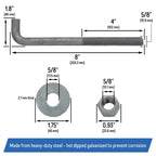 5 8 x 8 Inch Galvanized Threaded Anchor Bolts for Wood Concrete 10 Pack