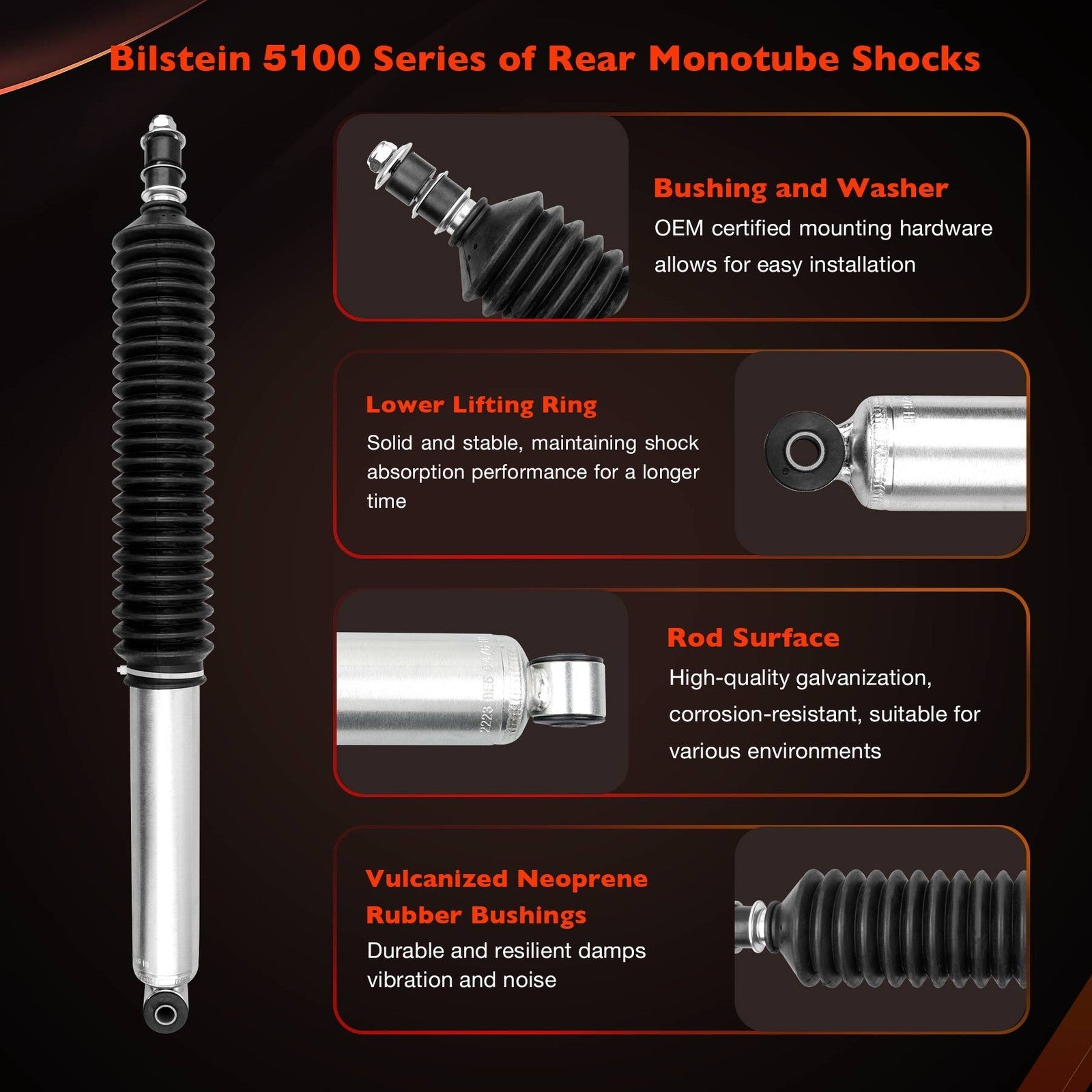 Rear Monotube Shock for Toyota Tacoma 4WD 2005 to 2015 with 0 to 1 Inch Lift