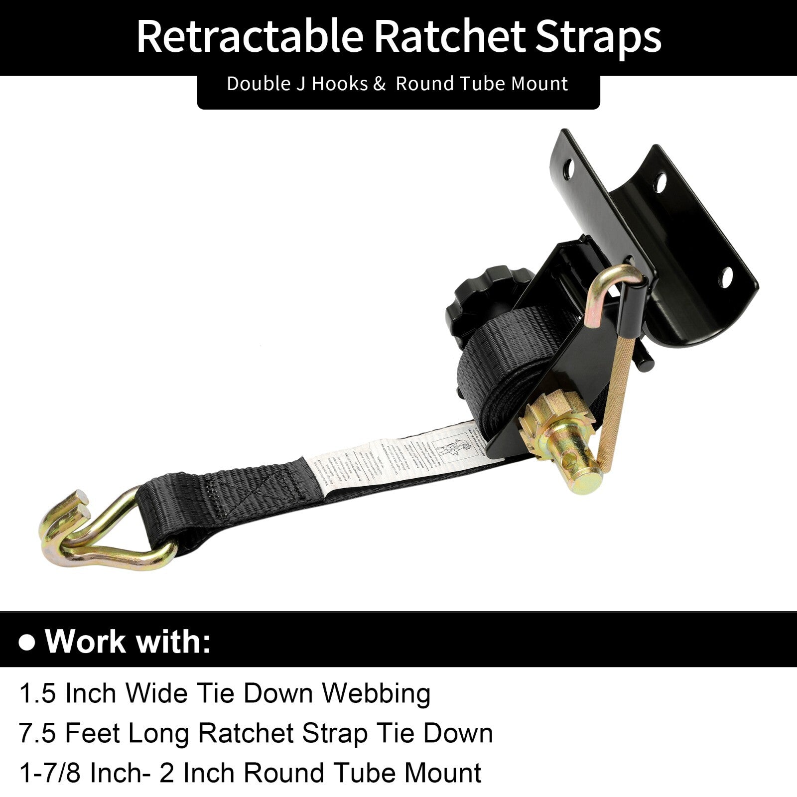 Ladder Rack Ratchet Straps 1.5W 7.5L J Hook for Round Tube Mount Truck 2 Pack