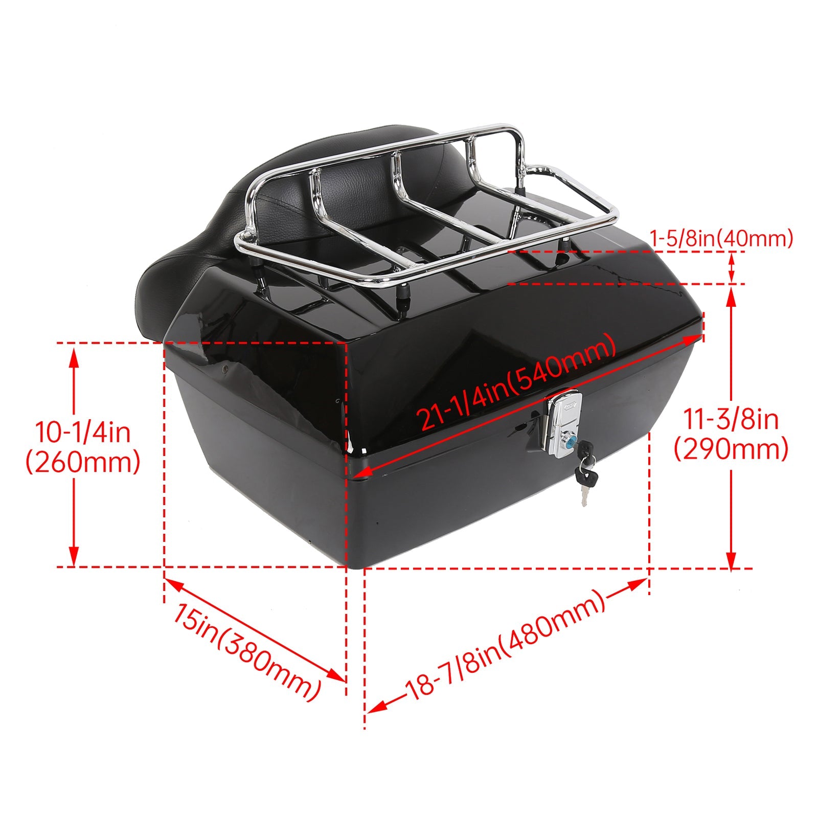 Universal Motorcycle Tail Box Luggage Trunk w/ Top Rack For Harley Honda Cruiser