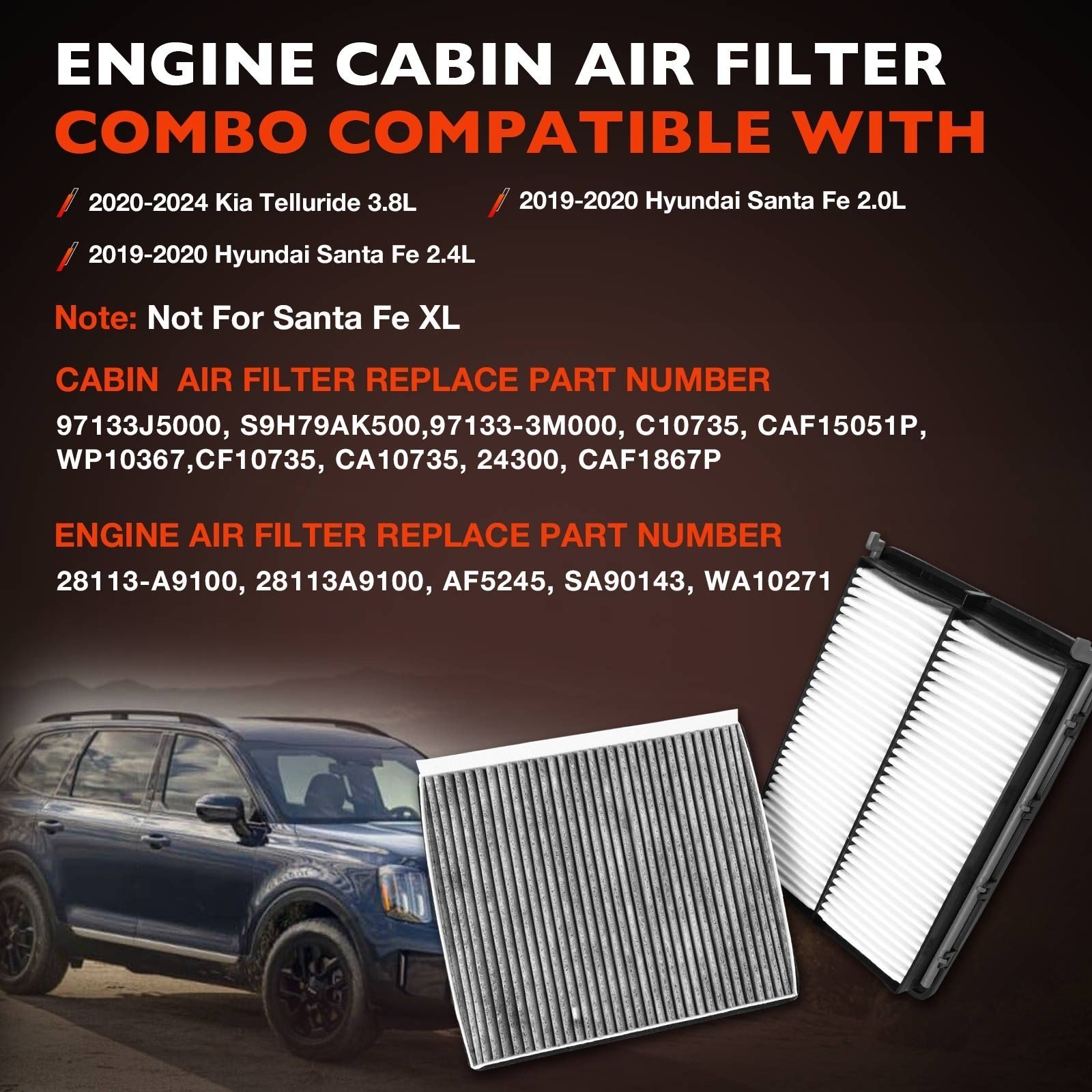 Engine Cabin Air Filter Set for Kia Telluride Hyundai Santa Fe 3.8L 2.0L