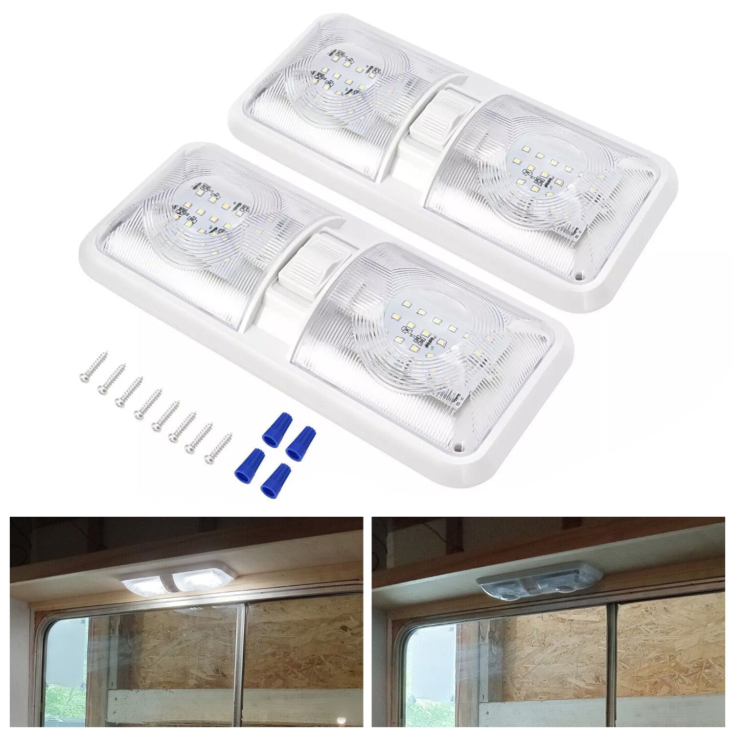 2PCS 12V LED White Ceiling Fixture Double Dome Light for Camper Trailer RV