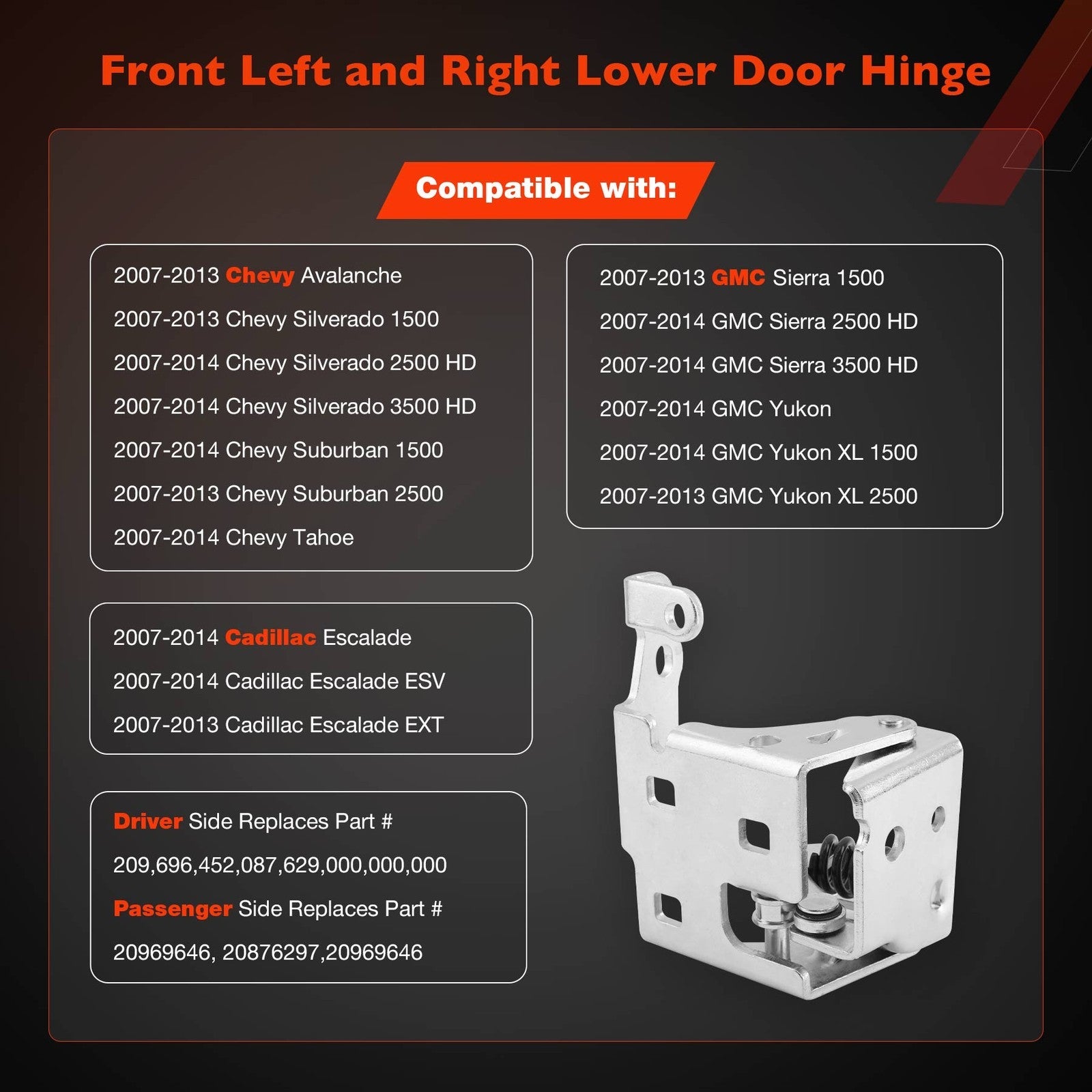 Lower Door Hinge for 2007-14 Chevy Silverado GMC Sierra Driver Passenger Side