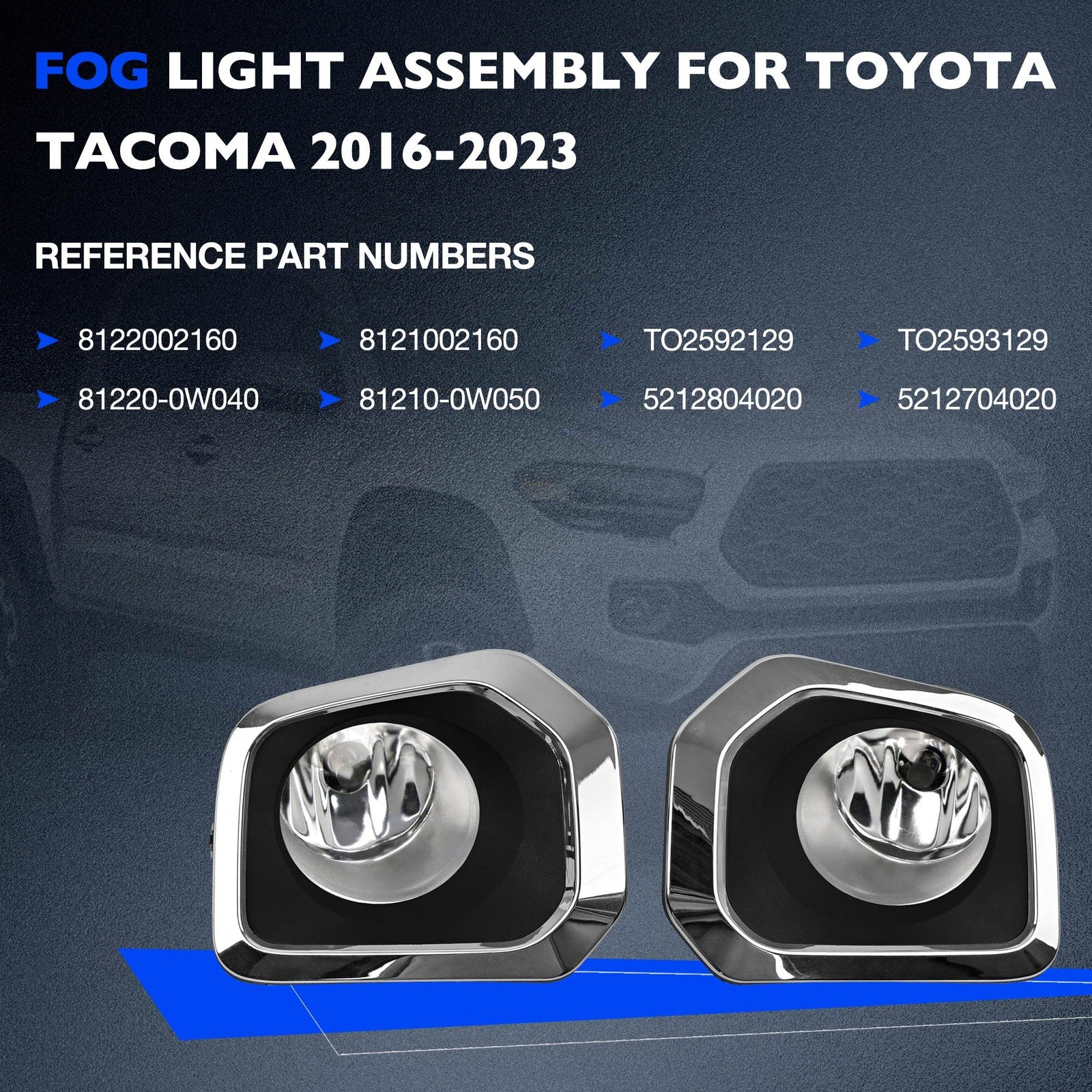 Front Bumper Fog Light Kit With Chrome Trim Bezel For Toyota Tacoma 2016-2023