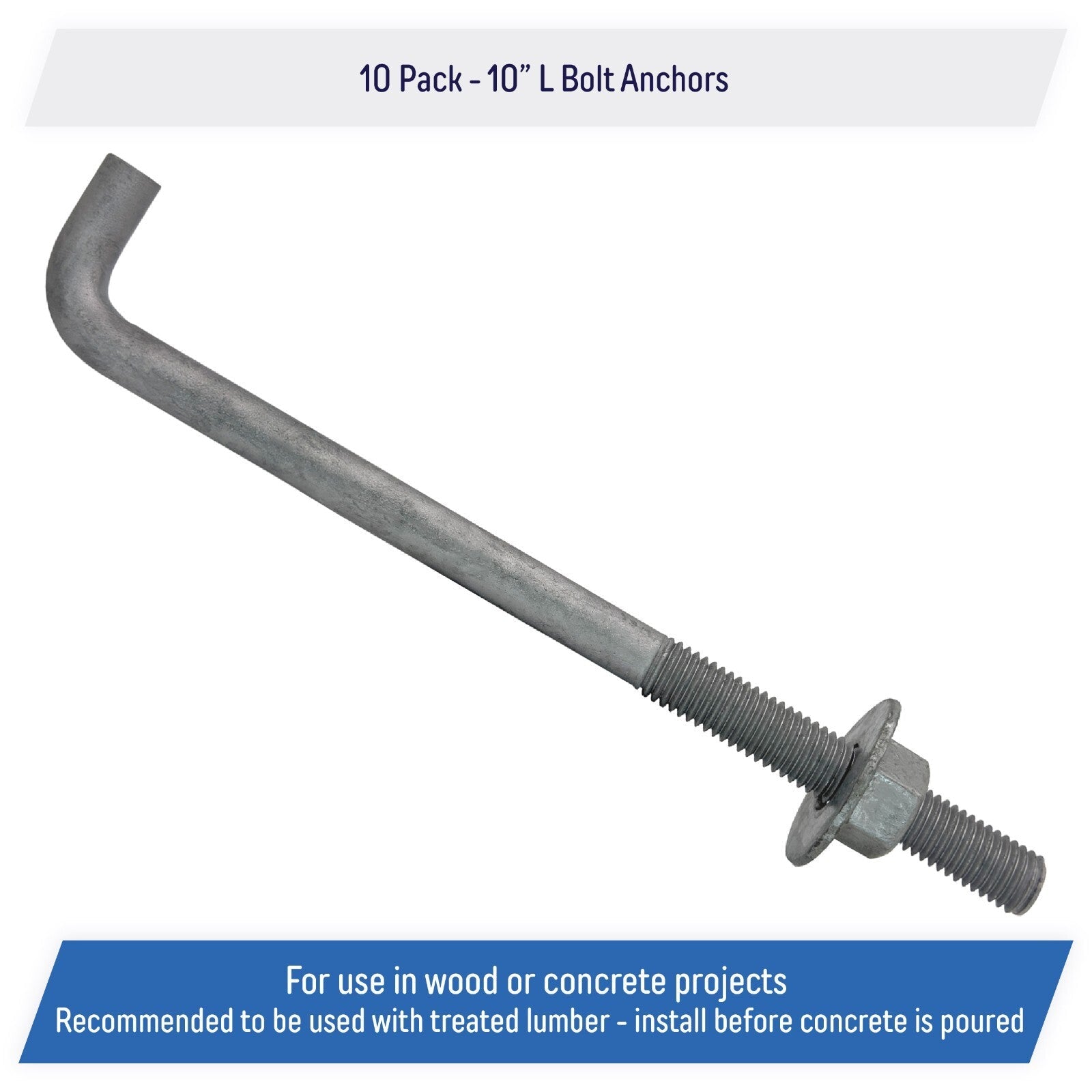5 8 x 10 Inch Galvanized Threaded Anchor Bolts for Wood Concrete 10 Pack