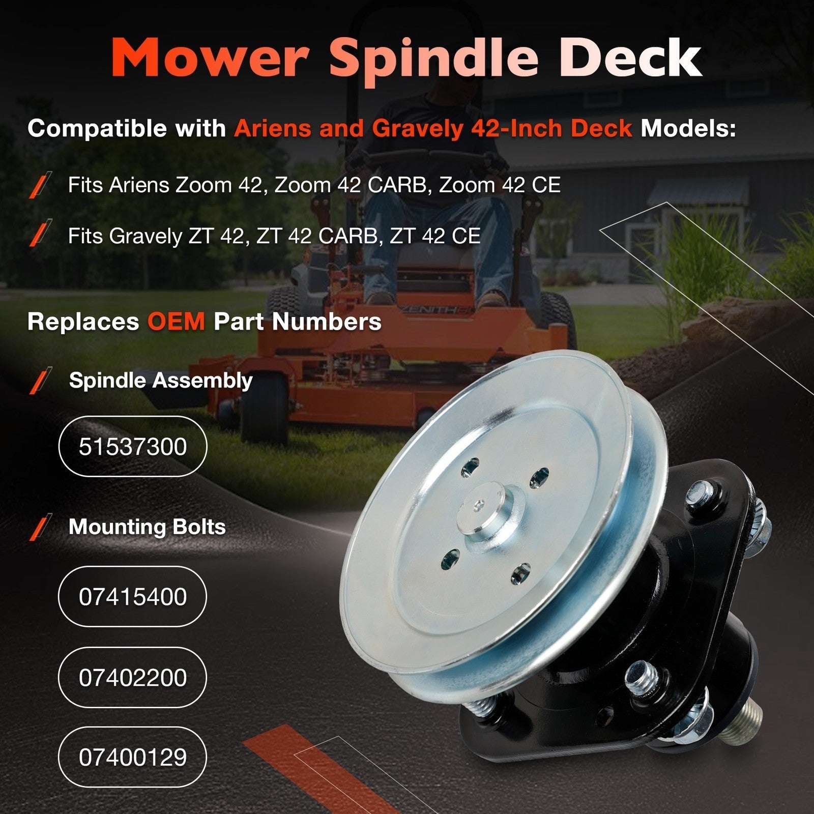 51520900 07402200 42 Inch Deck Spindle For Ariens Gravely Zoom ZT 42 CE CARB