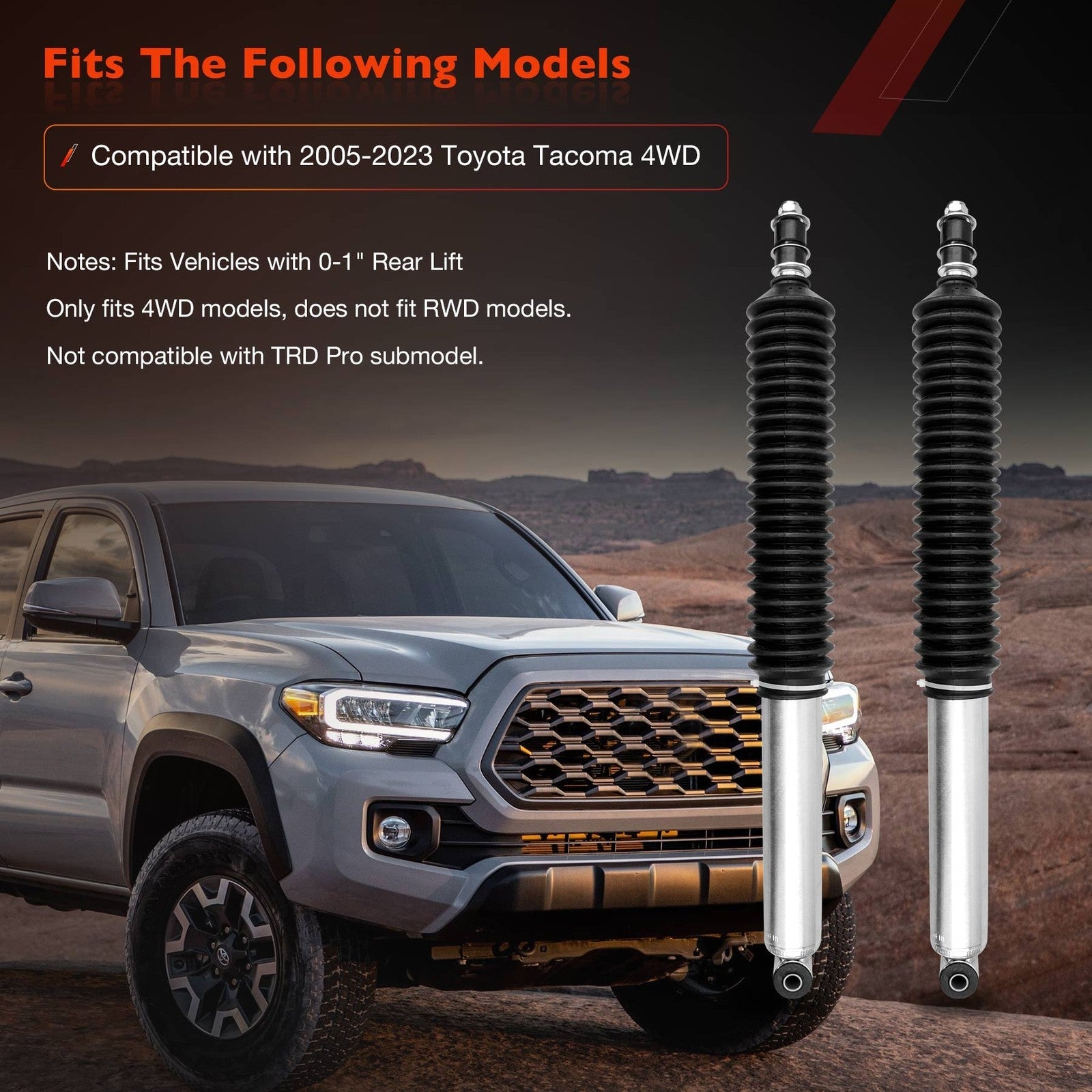 Rear Monotube Shock for Toyota Tacoma 4WD 2005 to 2015 with 0 to 1 Inch Lift