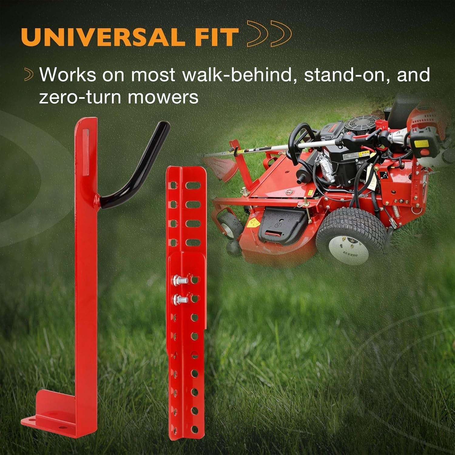 Lockable Trimmer Rack for Most Walk Behind Stand On and ZTR Lawn Mower Red