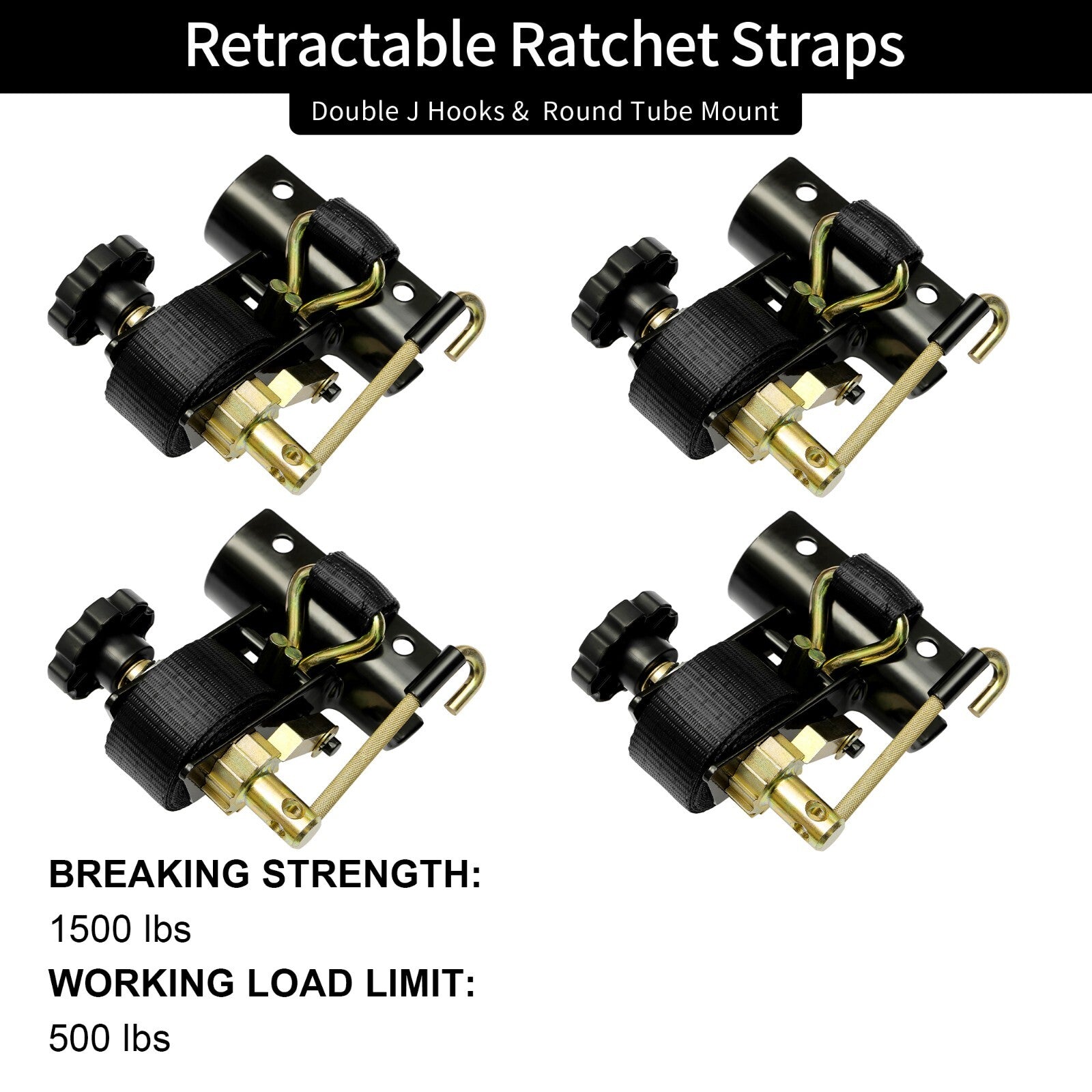 Ladder Rack Ratchet Straps w J Hook 1.5x7.5 Black Retractable 4x