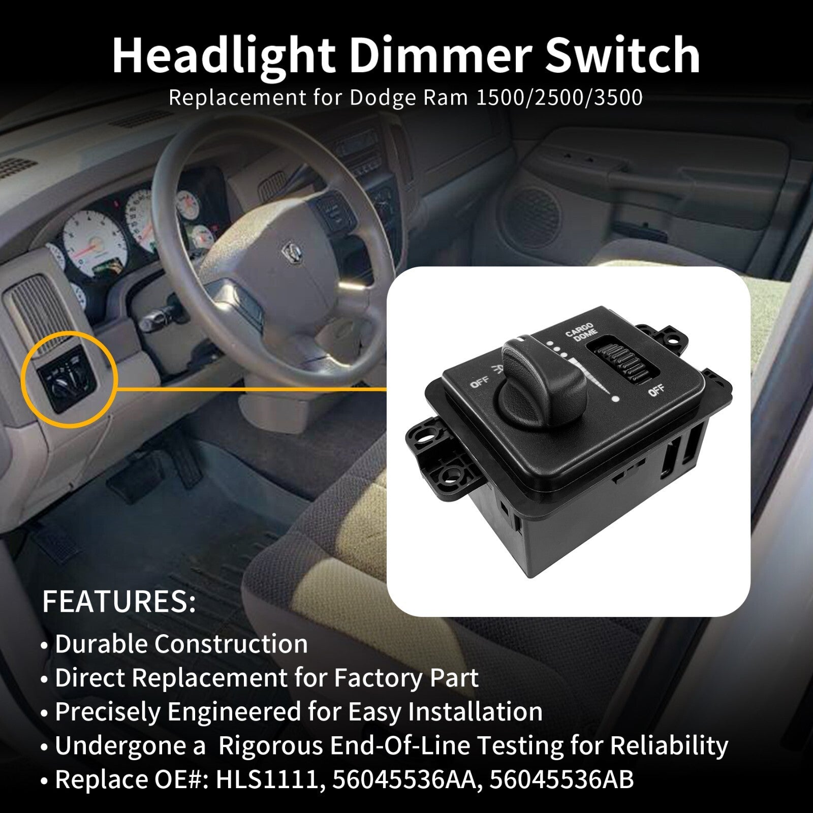 Headlight Cargo Lamp Dimmer Switch without Foglamp for Ram 1500 2500 3500