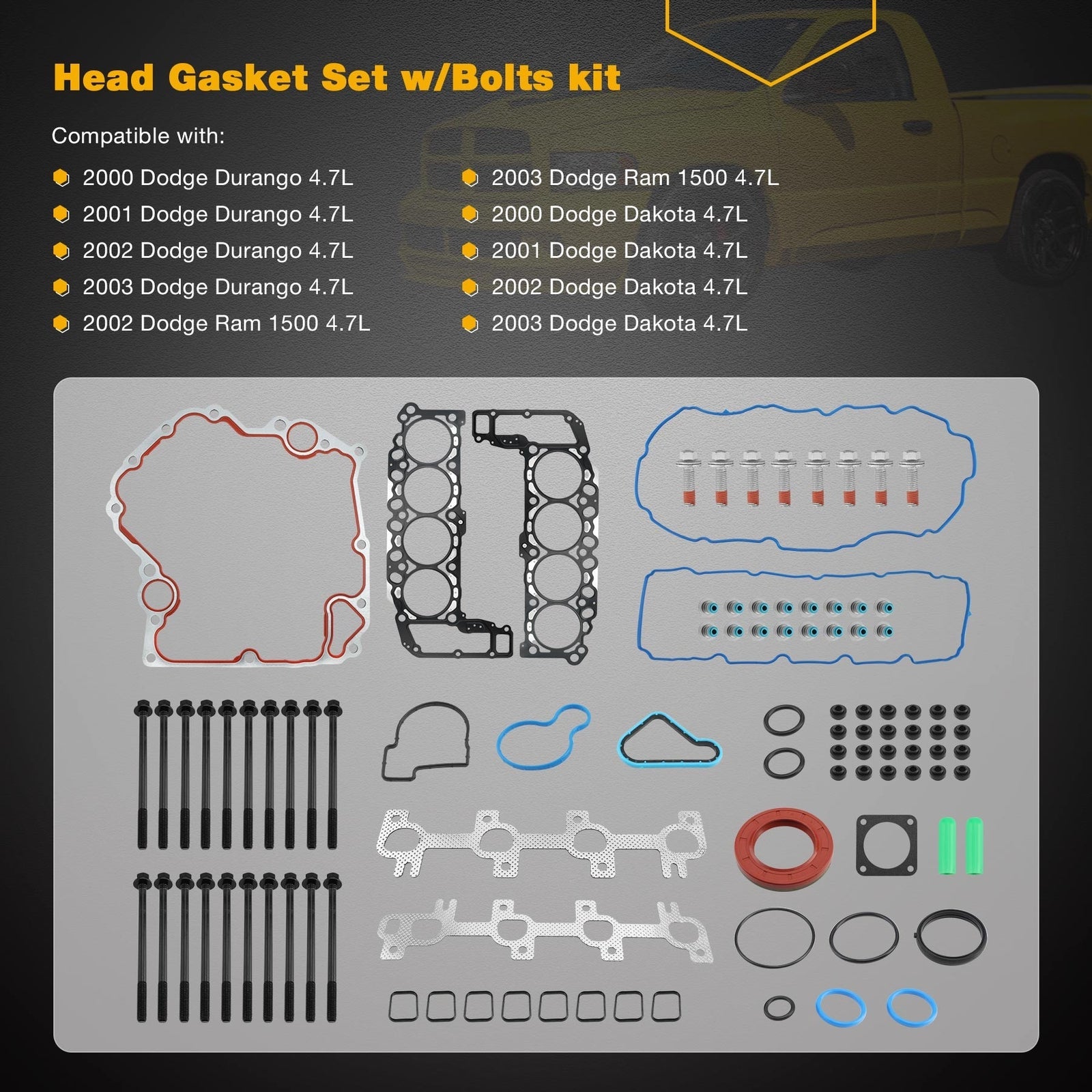 Head Gasket Set With Bolts For 99 To 03 Dodge Ram Durango Grand Cherokee 4.7L