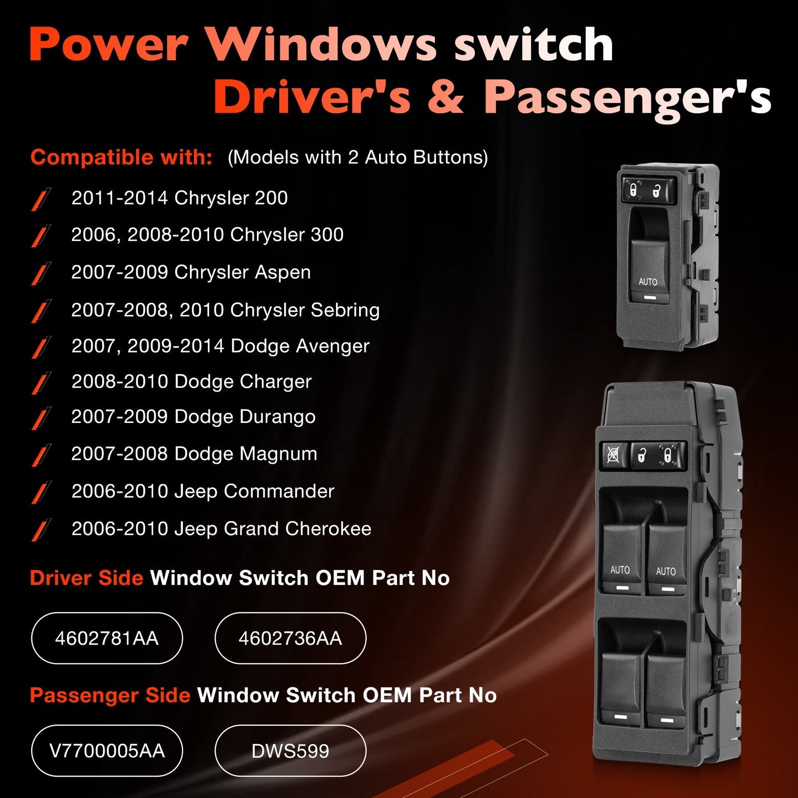4602781AA Power Window Door Switch for Jeep Chrysler 200 300 Dodge 06-14