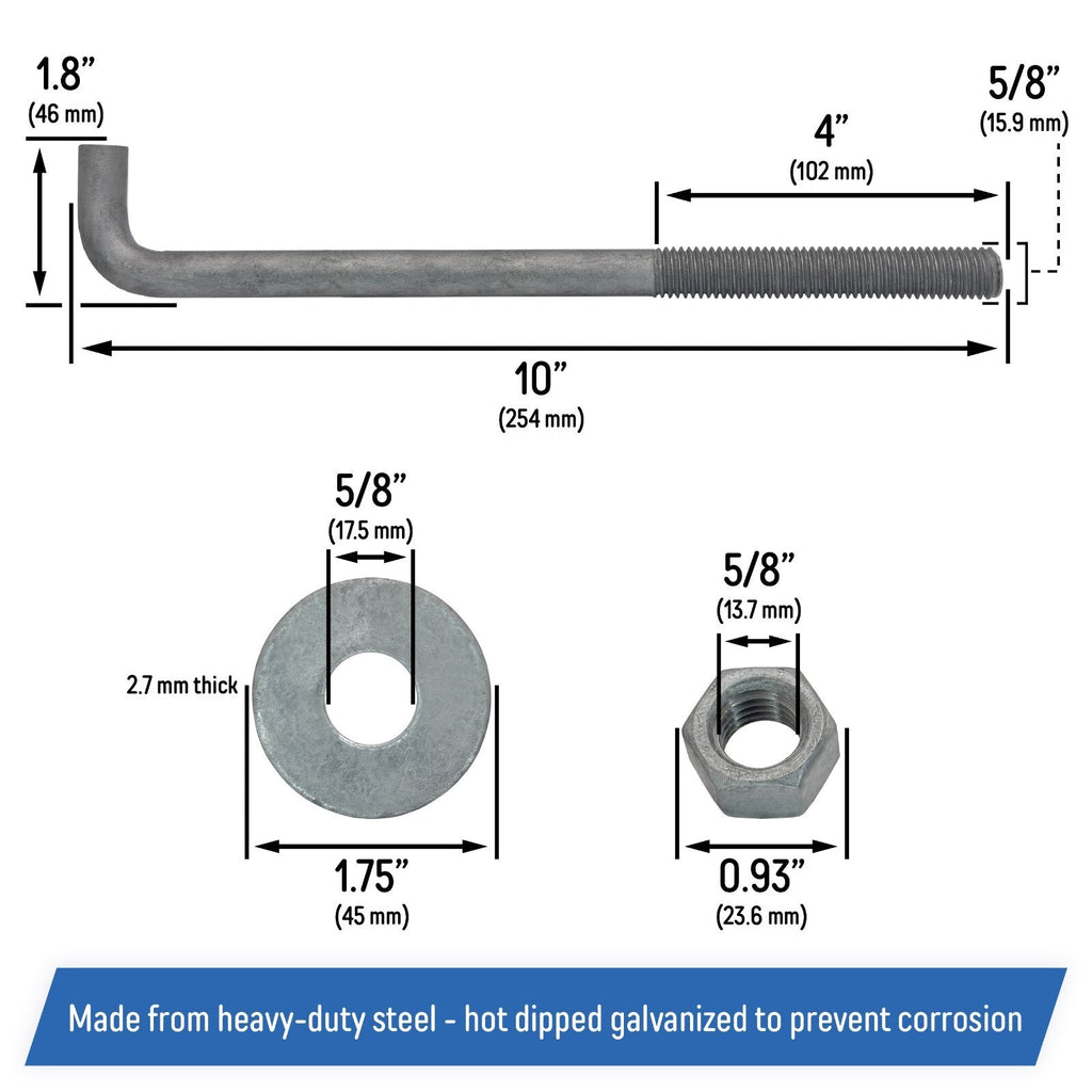 5 8 x 10 Inch Galvanized Threaded Anchor Bolts for Wood Concrete 10 Pack