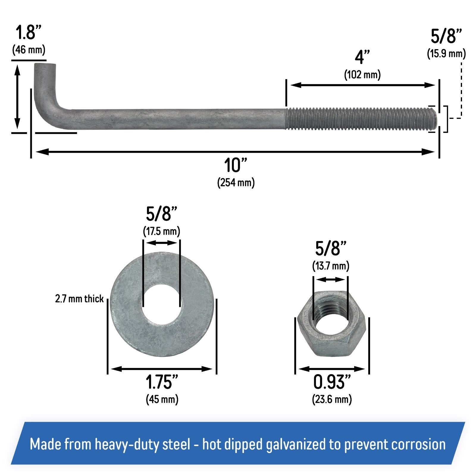5 8 x 10 Inch Galvanized Threaded Anchor Bolts for Wood Concrete 10 Pack