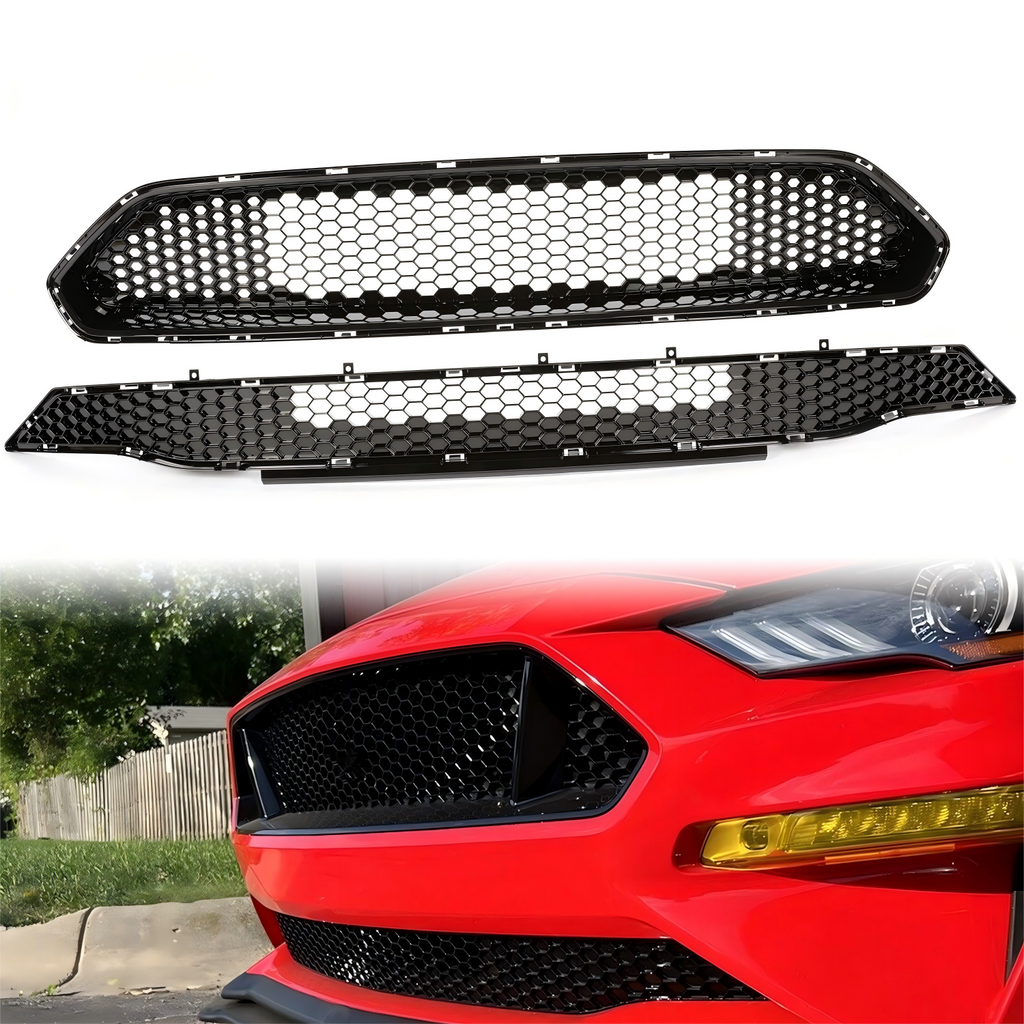 Front Upper Grille and Lower Mesh Grill Honeycomb Black for 2018-2022 Ford Mustang