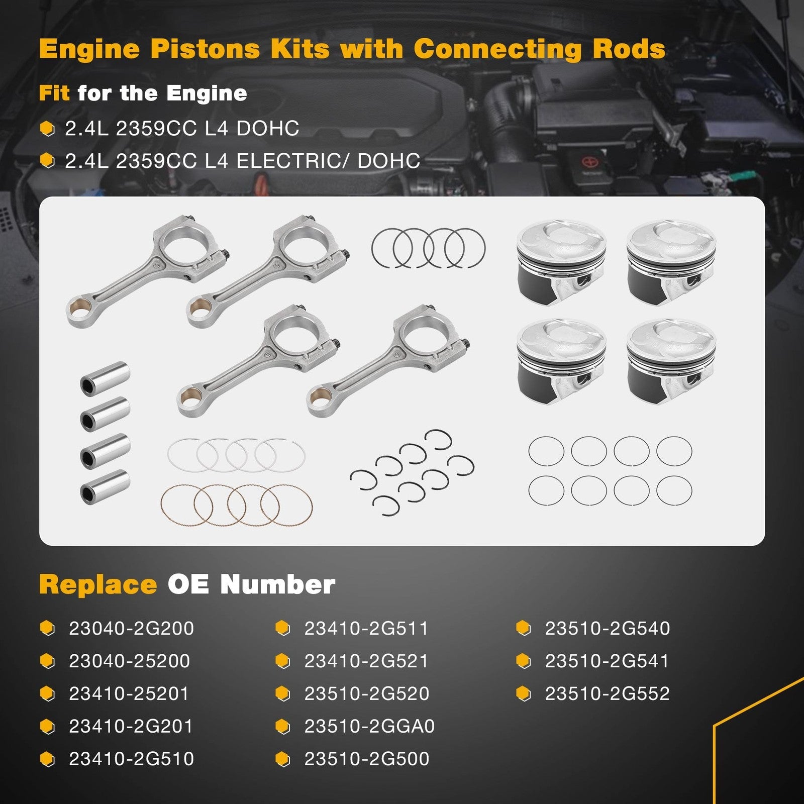 2.4 Engine Piston Kit w/ Connecting Rod Set for Hyundai Sonata Kia Optim Sorento